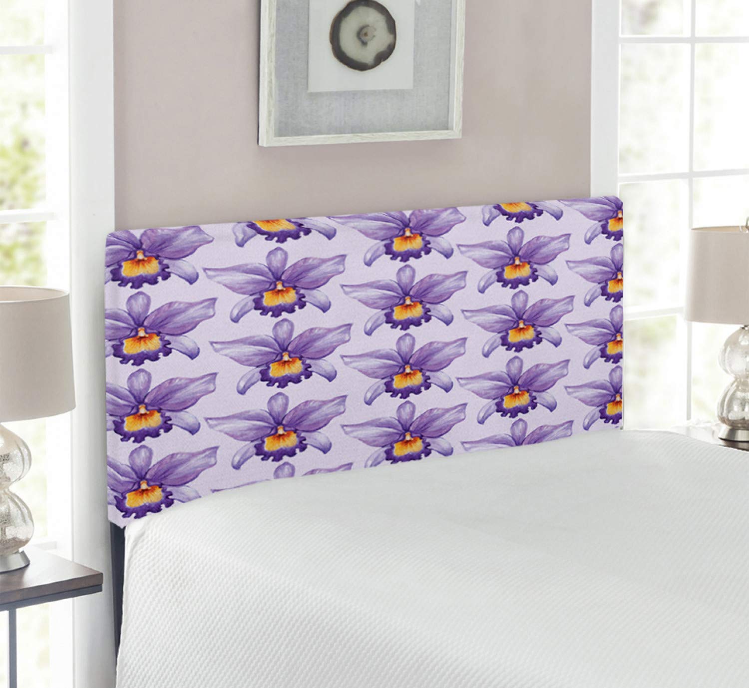Ambesonne Violet Upholstered Headboard - Tropical Orchid Flowers Watercolor Design, Hawaiian Nature Inspired Decorative Metal Bed Frame with Memory Foam, Twin Size in Pale Mauve Violet Orange | Perfect for Bedroom Decor, Guest Rooms & Bohemian Style Homes