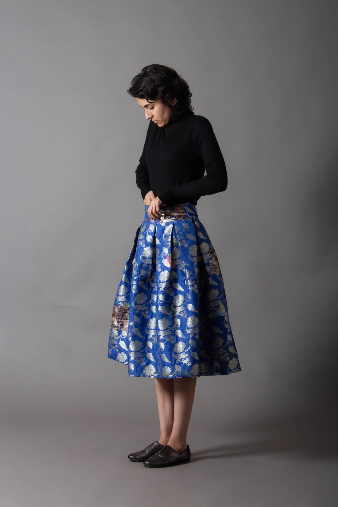 Elegant Cobalt Blue Box Pleated Midi Skirt - Silk Brocade Fabric for Women | Perfect for Office Wear, Cocktail Parties & Special Occasions