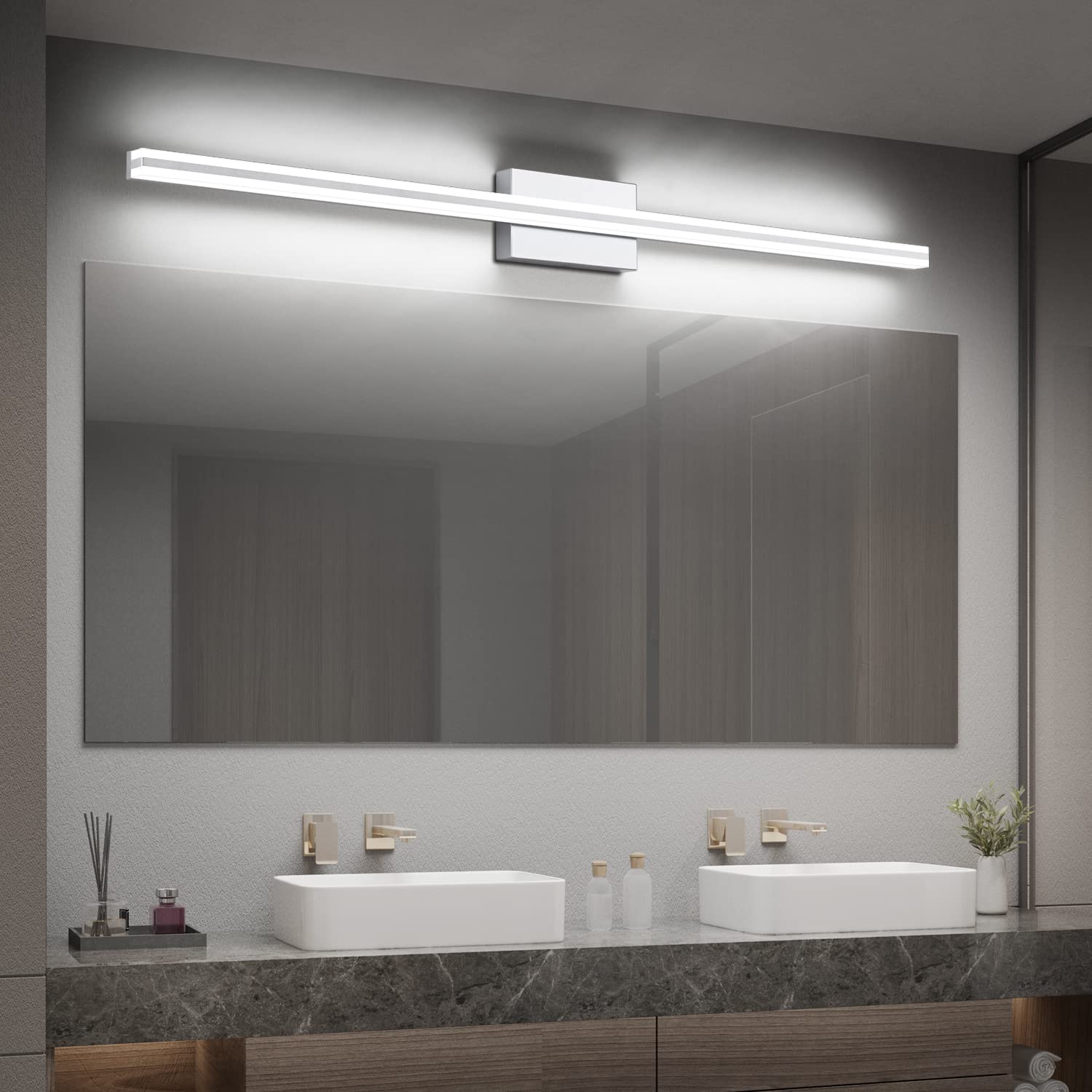 Modern 48 Inch Dimmable LED Bathroom Vanity Light Fixture - Silver Finish Over Mirror Lighting for Bathroom Makeup & Grooming - Perfect for Home Spa, Hotel, and Salon Vanity Areas