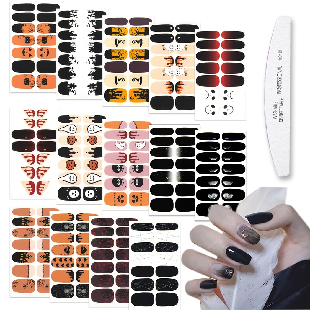 WOKOTO Halloween Nail Stickers - 14 Sheets Full Nail Wraps with Pumpkin, Bat, Ghost, Witch & Spider Designs | Waterproof Nail Polish Stickers for Acrylic Nails | Includes Nail File | Perfect for Halloween Parties, Costume Events & Spooky Nail Art