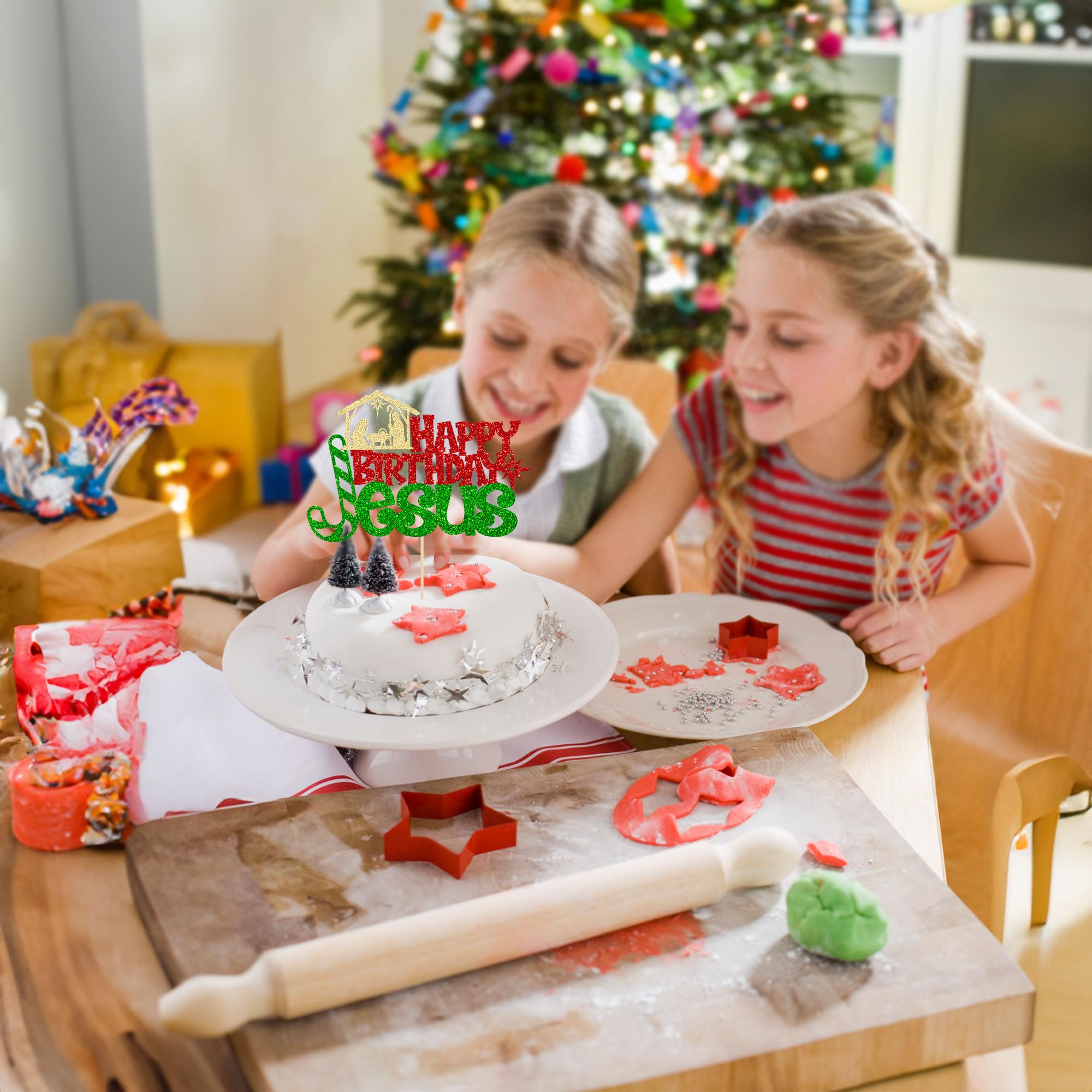 1Pcs Happy Birthday Jesus Cake Topper - Glitter Nativity Cake Decorations for Christmas & Birthday Parties - Merry Christmas Jesus Cake Pick - Red & Green Holiday Party Supplies - Perfect for Nativity Scene Decor, Christmas Celebrations & Religious Events