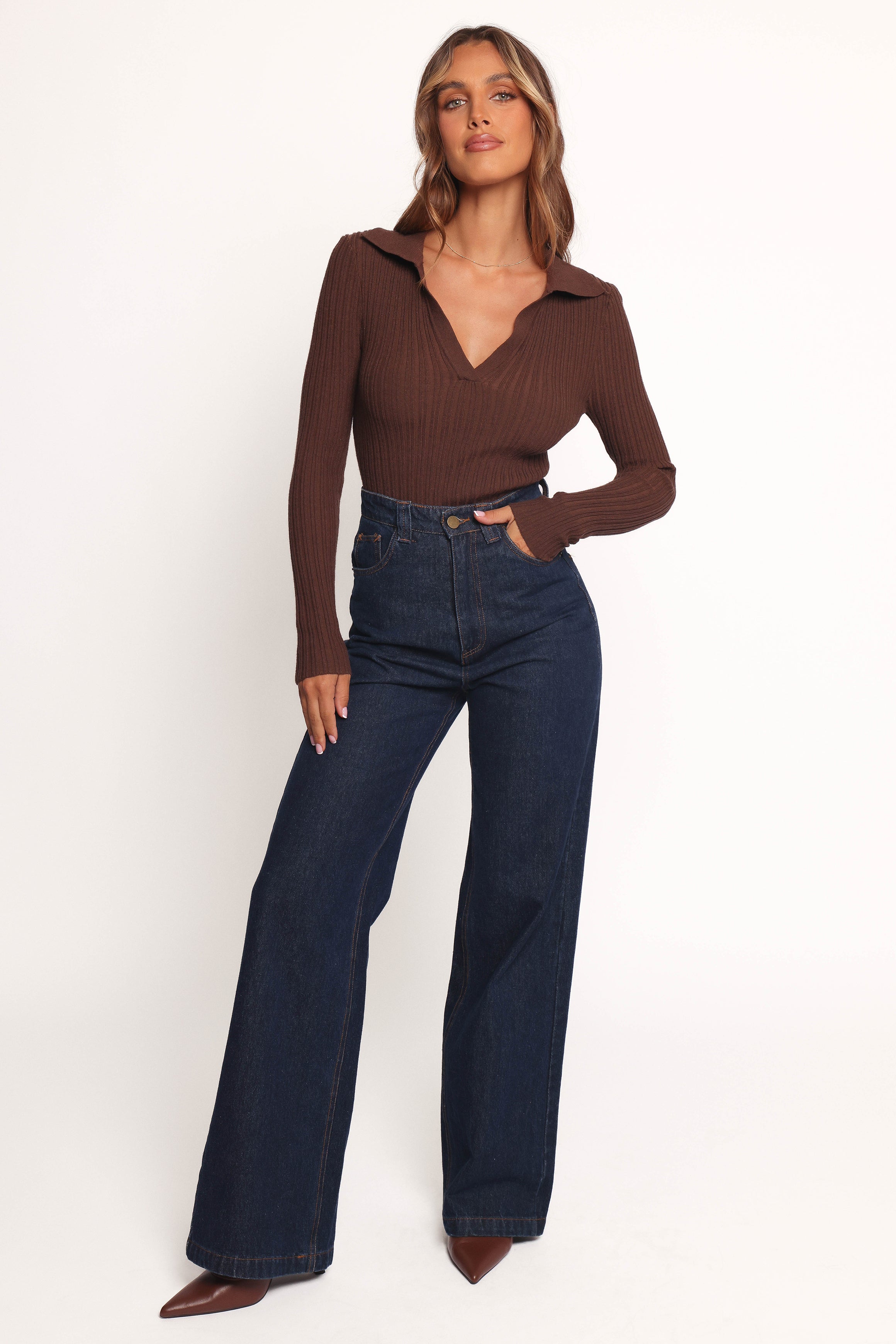 Emmerson Women's Long Sleeve Knit Sweater Top - Soft Comfortable Pullover for Fall & Winter - Chocolate Brown Casual Wear for Office, Date Night & Everyday Outfits