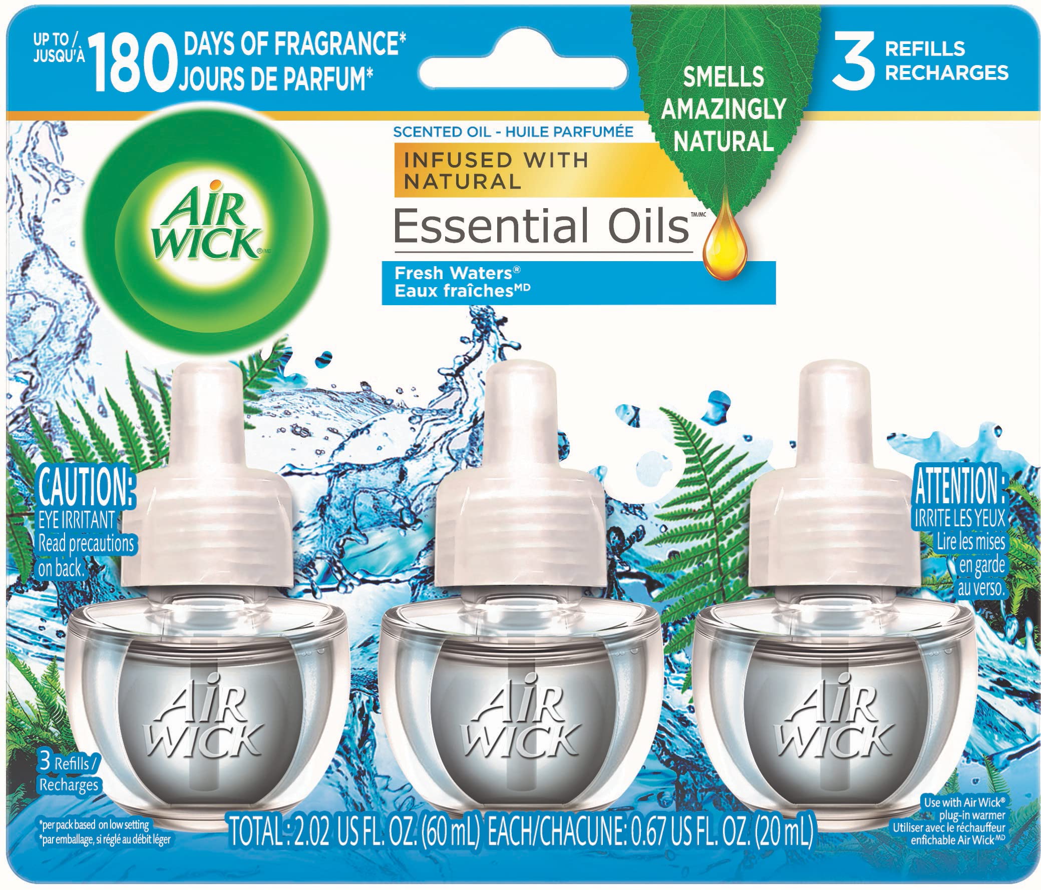 Air Wick Scented Oil Refill for Plug in Air Freshener - Fresh Waters Fragrance, 3 Pack (2.01oz) - Essential Oils for Home, Office & Bathroom Odor Elimination
