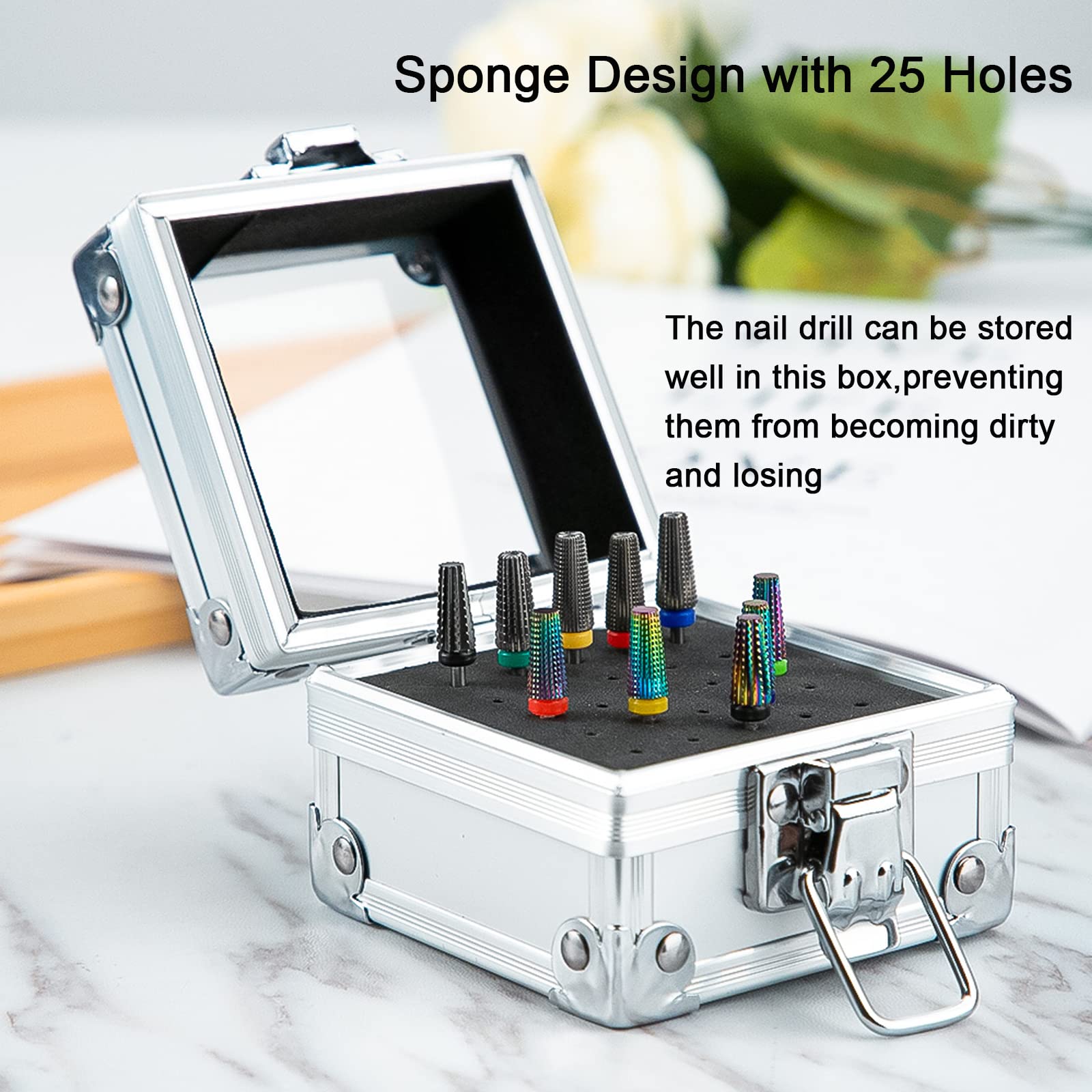 LXIANGN 25-Slot Aluminum Nail Drill Bit Holder Storage Box - Professional Efile Nail Bits Organizer & Display Case for Nail Art (Silver) - Perfect for Salon, Home Manicure & Nail Technician Storage