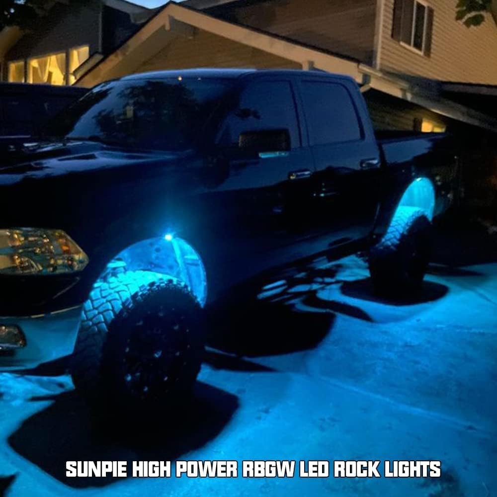 SUNPIE 12 Pods RGBW Rock Lights - 30 High Power LED Chips, Full Beam Angle, Aluminum Metal Housing, IP67 Waterproof, with Mounting Pads - Off Road Lighting for Truck, SUV, ATV, UTV & Boats - Perfect for Night Driving, Car Shows & Off-Road Adventures