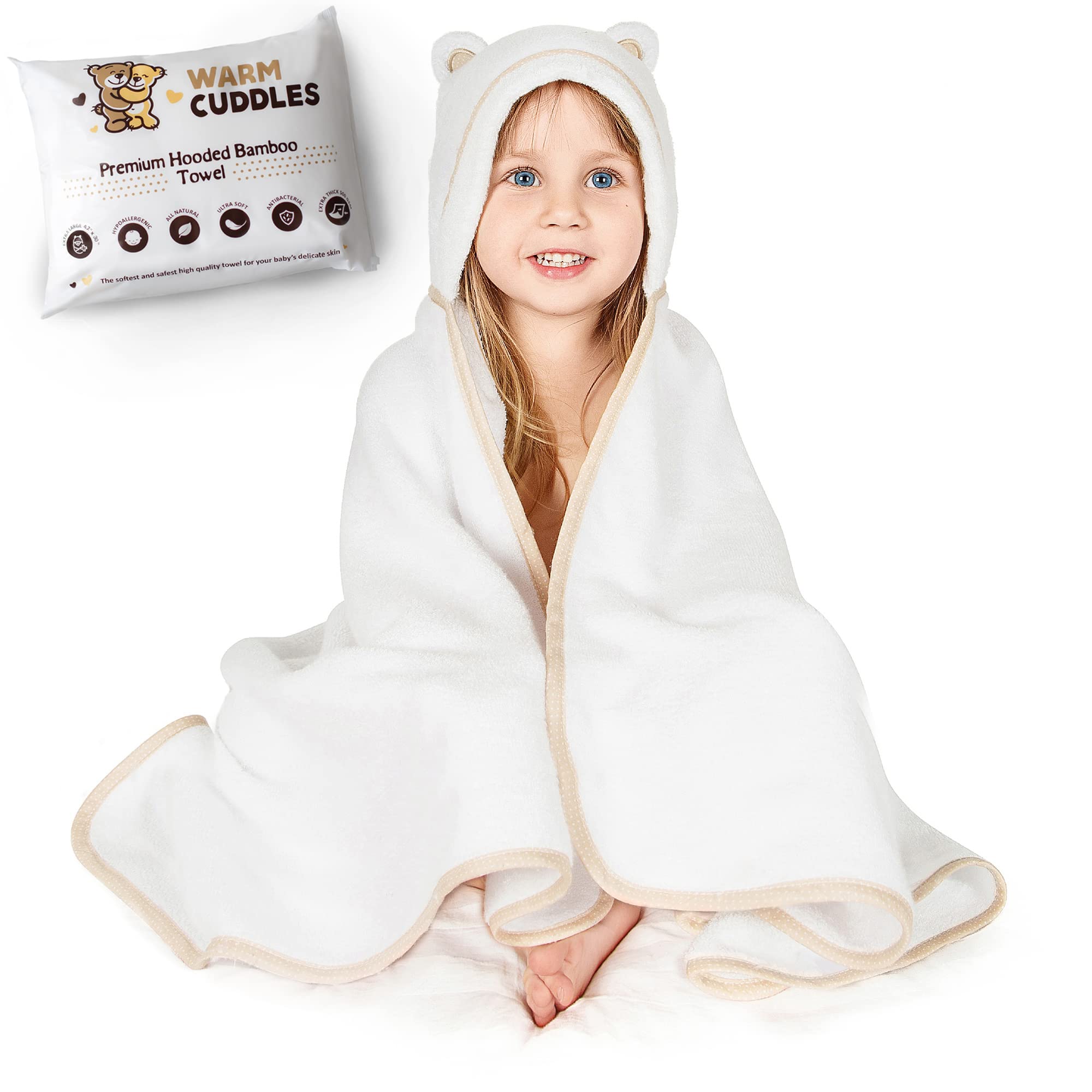 Premium Bamboo Rayon Toddler Hooded Towel - Soft & Absorbent Baby Bath Towel for Boys & Girls - Large Kids Hooded Towel for Swimming, Beach & After Bath (White)