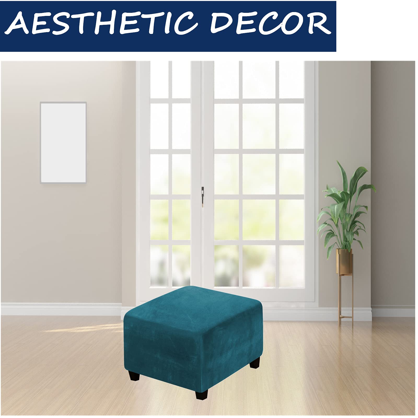 Stretch Velvet Ottoman Slipcover - Square Footstool Cover with Elastic Bottom for Folding Storage Ottoman - Teal Blue Living Room Furniture Protector - Perfect for Home Decor, Lounge & Guest Seating