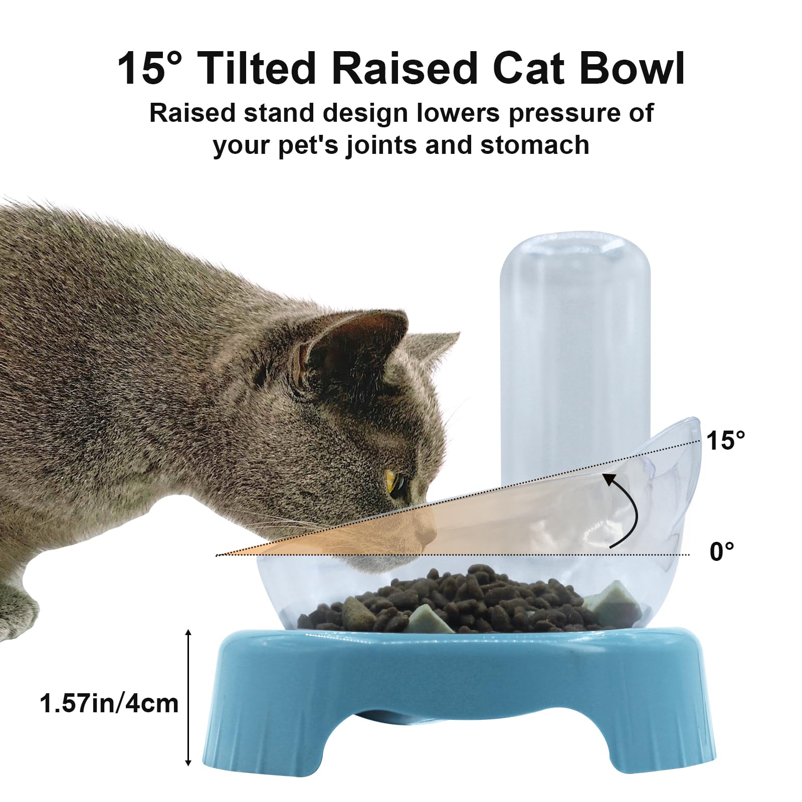 Elevated Triple Cat Bowls Set - 15° Tilted 3-in-1 Food & Water Feeder with Automatic Bottle | Whisker-Friendly Wet/Dry Feeding Dishes for Cats & Small Dogs | Durable Sky Blue Design | Perfect for Home, Kitchen or Travel Use
