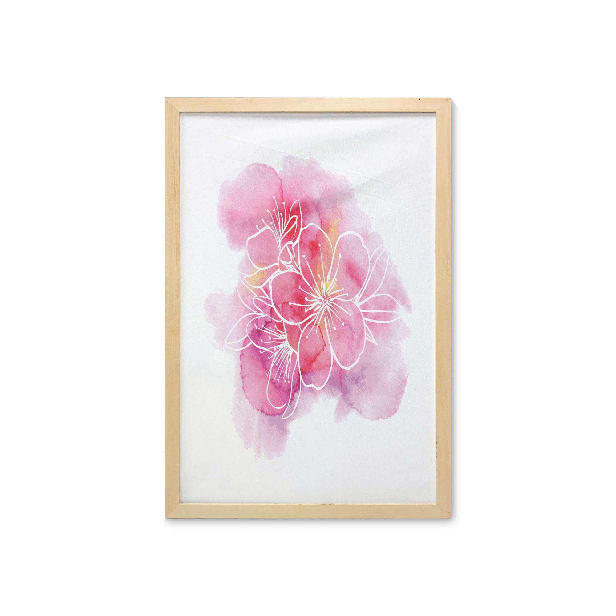 Ambesonne Almond Blossom Framed Wall Art - Cherry Flower Watercolor Print on Fabric Poster 23x35 Inches - Pale Pink & Vermilion Decor for Bathroom, Living Room, Bedroom, Dorm - Perfect for Spring Home Decor & Gift Ideas