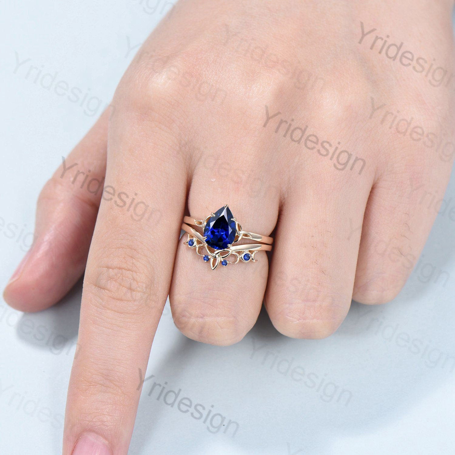 Viking Blue Sapphire Engagement Ring Set - Pear Shaped Blue Gemstone Wedding Ring for Women - Unique Celtic Love Knot Bridal Jewelry Gift for Anniversary, Proposal & Special Occasions