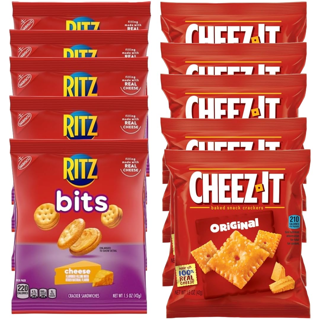 Ritz Bits & Cheez It Original Cheese Sandwich Crackers - 1.5 oz (Pack of 10) - Prime Grade Snack Variety Pack - Perfect for Lunchboxes, Parties & On-the-Go Snacking