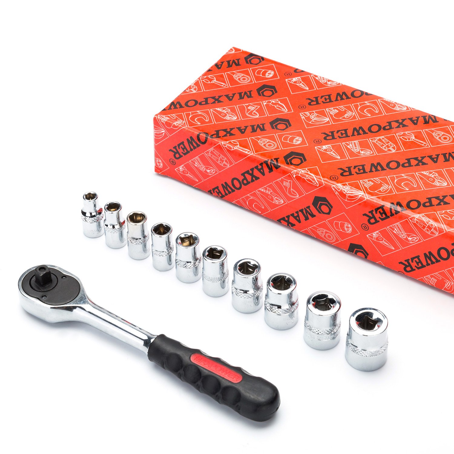 MAXPOWER 11-Piece 1/4-inch Ratcheting Socket Wrench Metric Set (5mm-14mm) - Quick Release Reversible Ratchet Handle with Hanging Rack - Perfect for Automotive Repair, DIY Projects & Home Maintenance