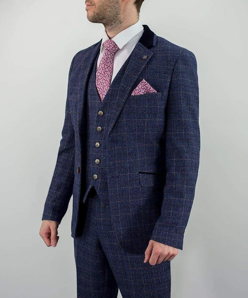 Cavani Matteo Men's Blue Check Slim Fit Tweed Suit - Formal Business Attire for Weddings, Office & Special Occasions