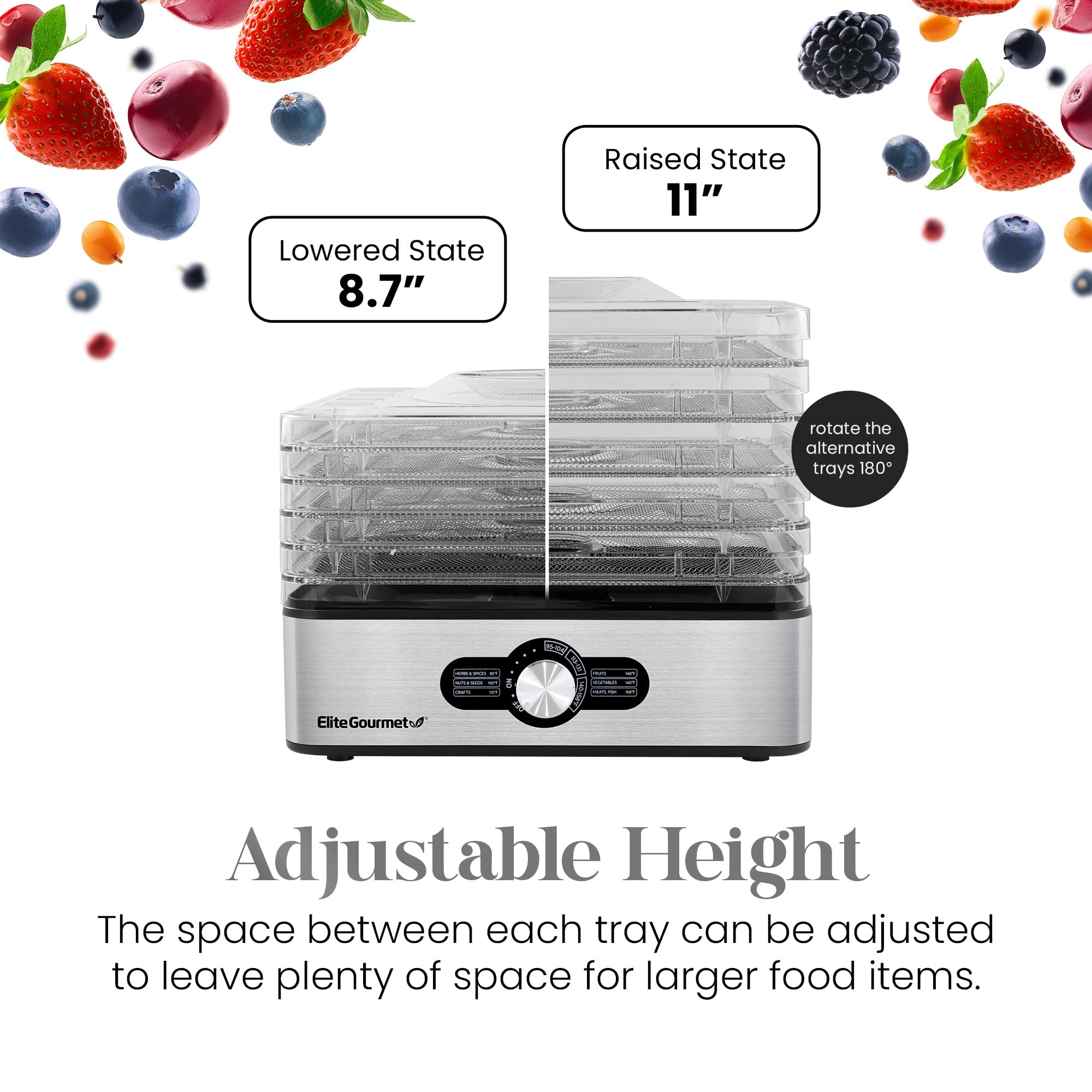 Elite Gourmet EFD3321X Stainless Steel Food Dehydrator with Adjustable Temperature - Perfect for Making Beef Jerky, Drying Herbs, Fruits, Vegetables & Healthy Snacks | Ideal for Home Kitchen, Camping & Meal Prep