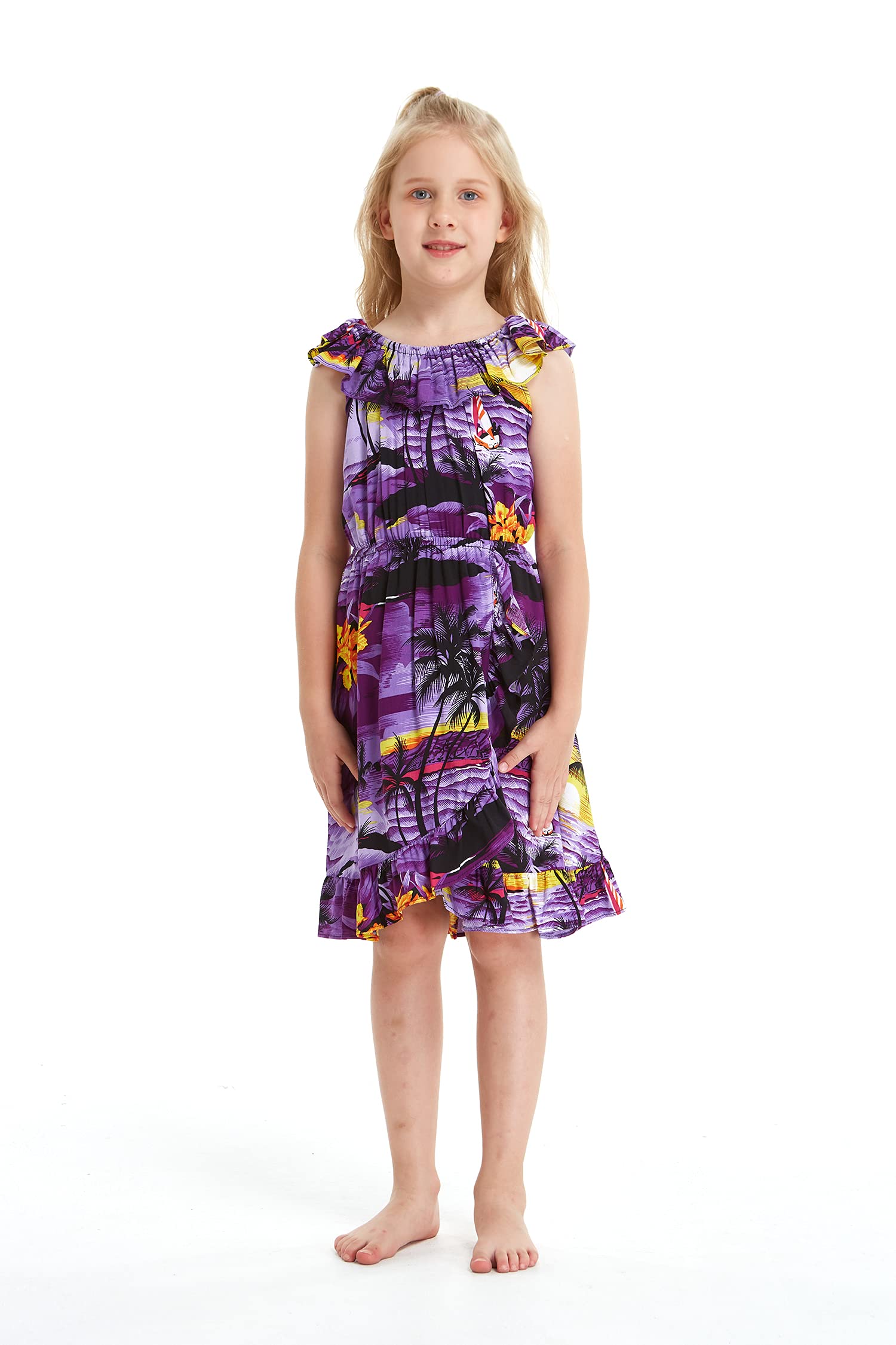 Sunset Hawaiian Luau Dress with Ruffle Wrap for Girls | Beach Party