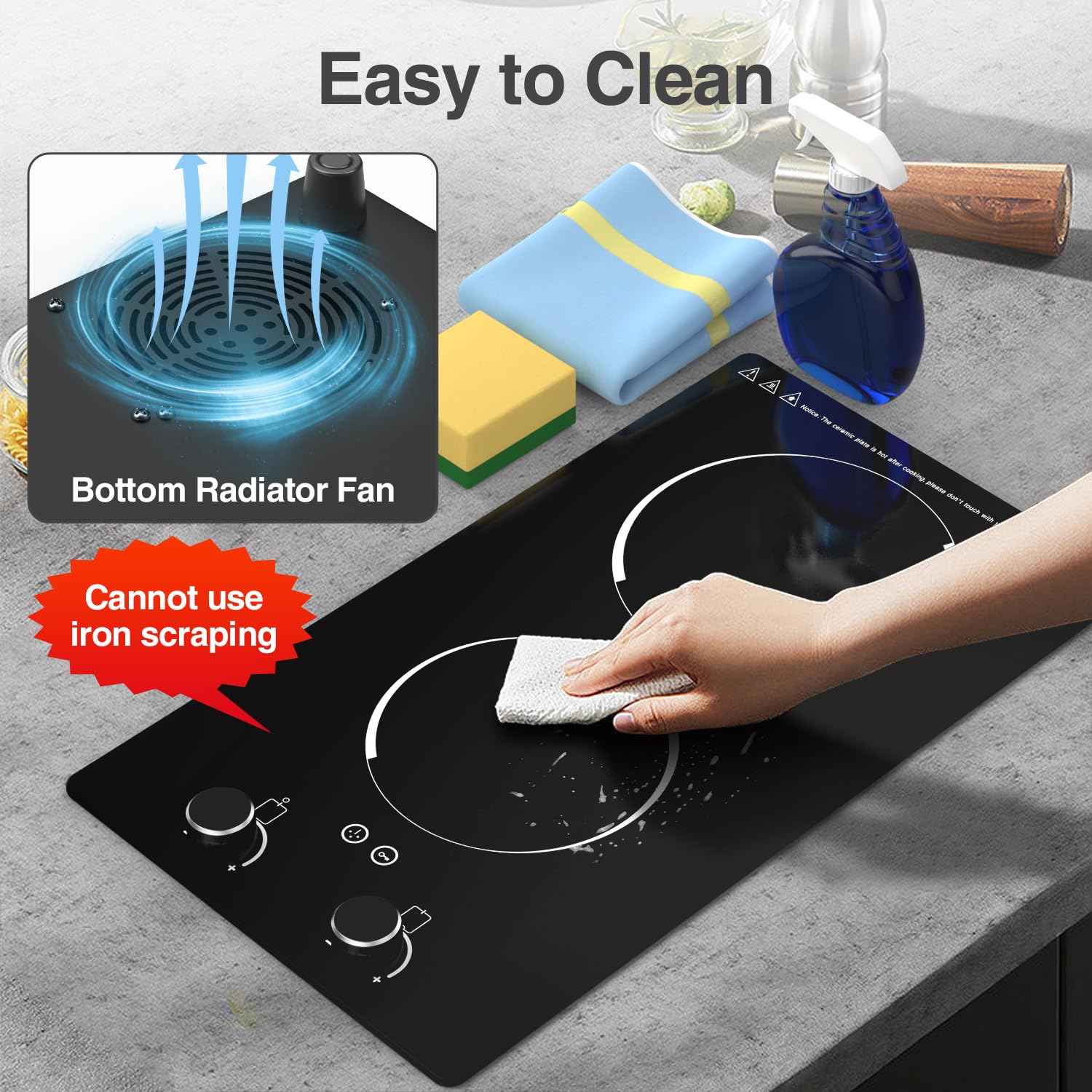 110V 2100W Electric Induction Cooktop with Knob Control - 10 Power Levels, Child Safety Lock, Timer & Overheat Protection - Built-in Radiant Double Burner for Fast Cooking - Perfect for Apartments, Dorms & Small Kitchens