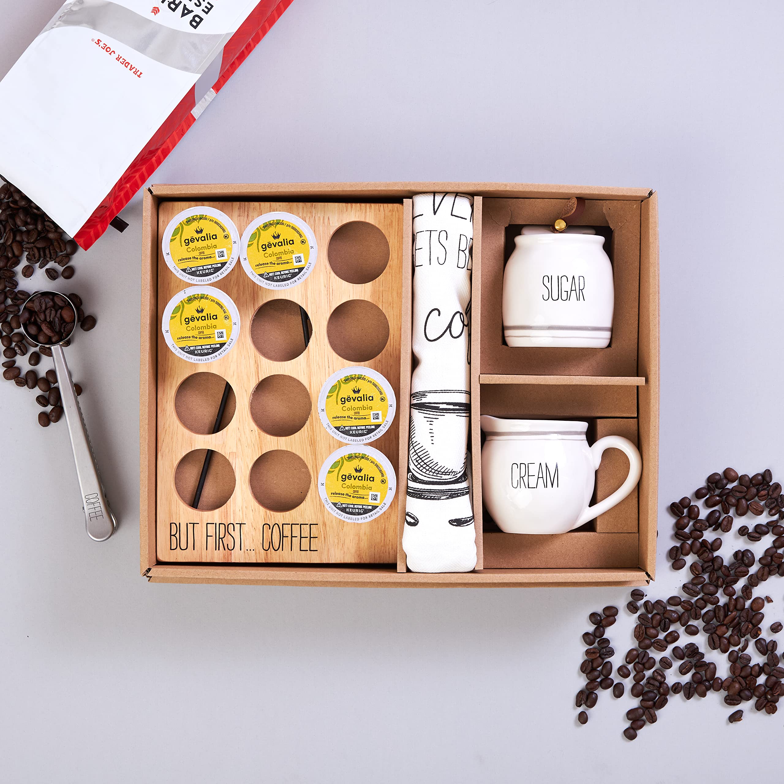 Premium Mud Pie Coffee Gift Box Set - Includes Coffee Pod Holder, Cream & Sugar Set, Coffee Scoop & Hand Towel | Perfect for Home, Office & Coffee Lovers Gifts