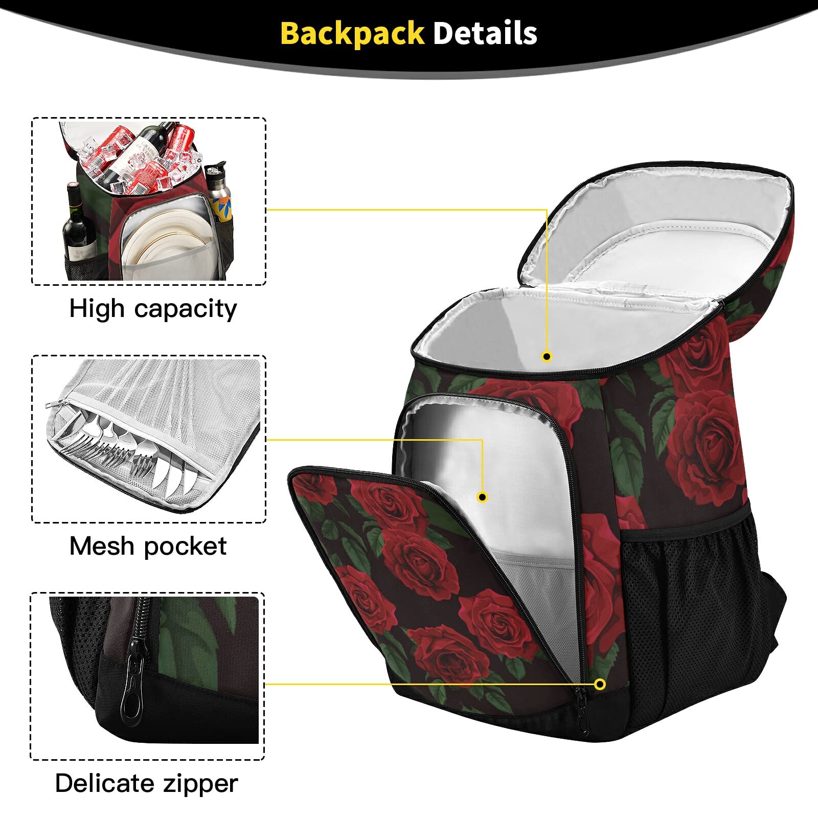 Insulated Leakproof Cooler Backpack for Women & Men - Red Roses Design Picnic Lunch Bag for Work, Hiking, Camping, Beach | Perfect for Outdoor Activities, Travel & Daily Commute