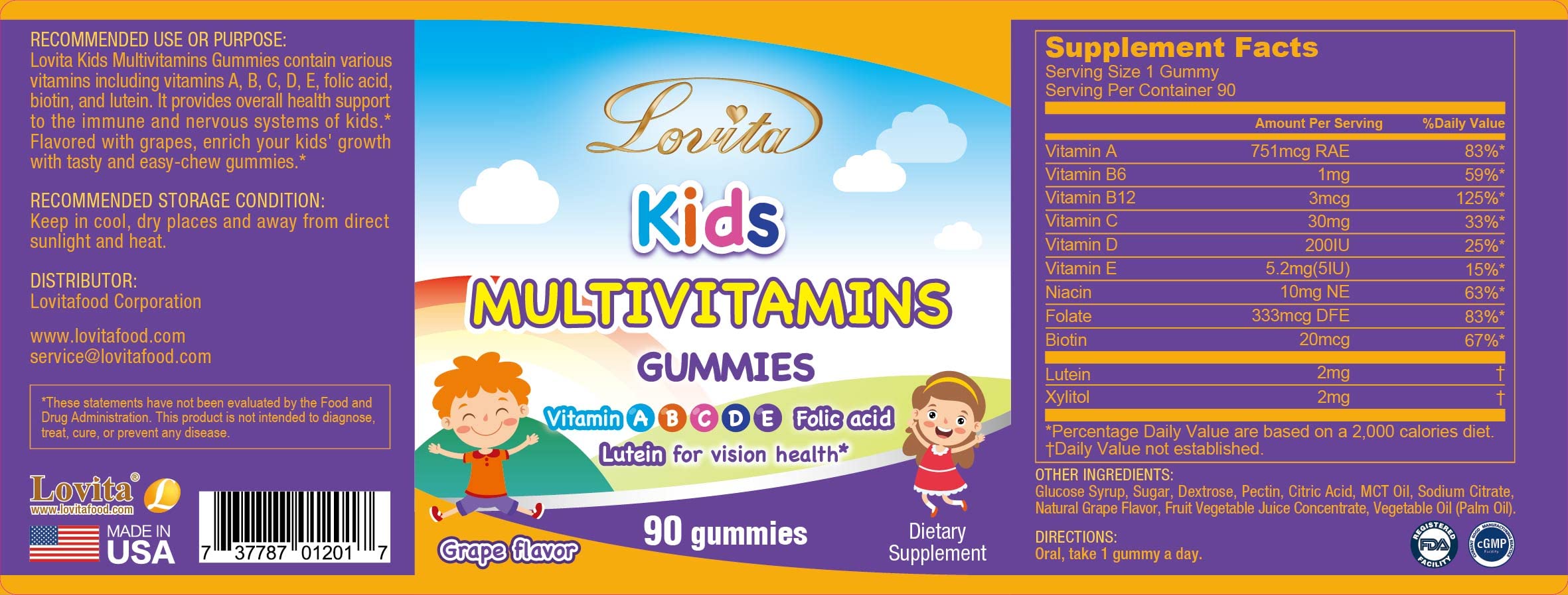 Lovita Kids Multivitamin Gummies - 90 Count | Delicious Vitamin Supplement for Children's Daily Health & Immune Support | Perfect for Picky Eaters & On-the-Go Nutrition