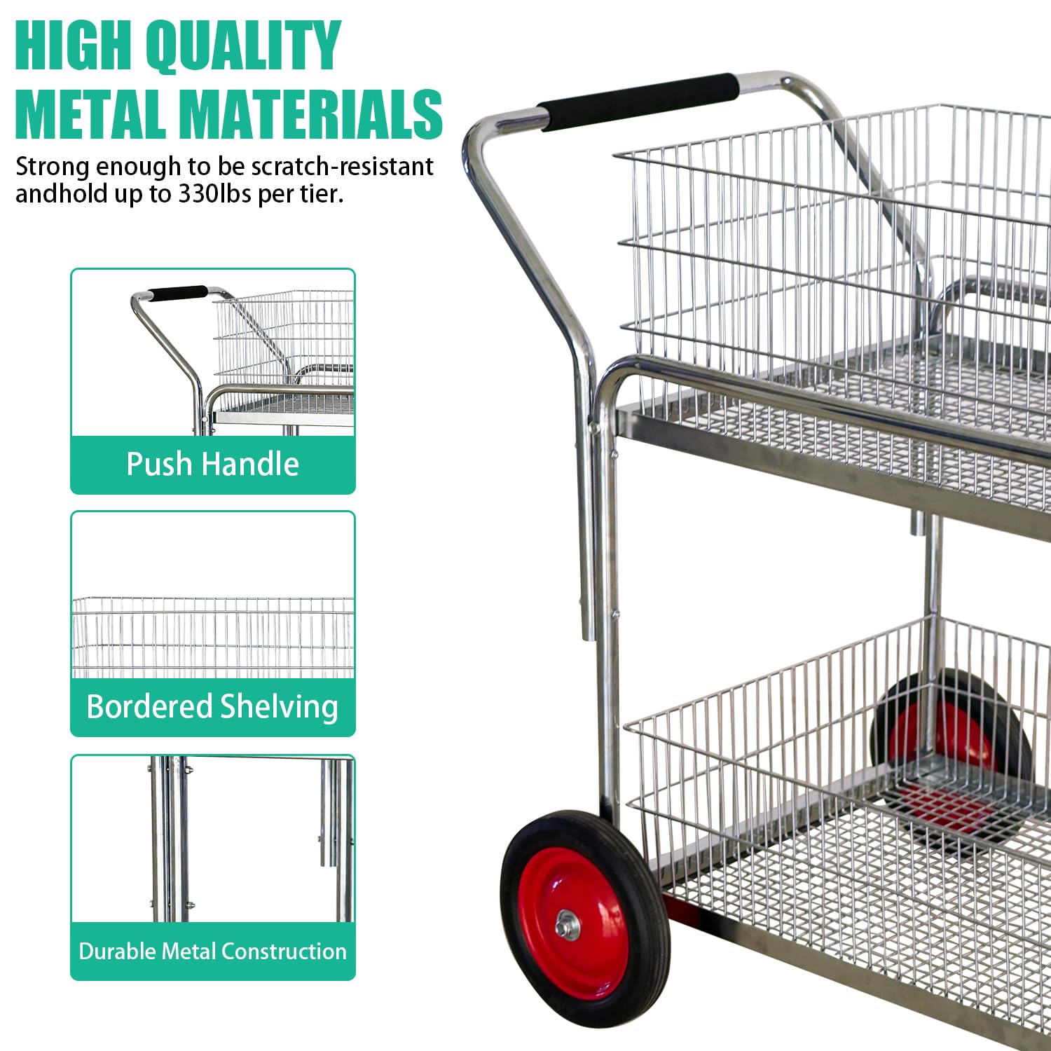 DIYTuning Deluxe Mail Office File Cart - Heavy Duty 250 LB Capacity with Upper & Lower Baskets | Multi-Purpose Utility Cart for Grocery Shopping, Laundry, Kitchen, Restaurant & Office Use