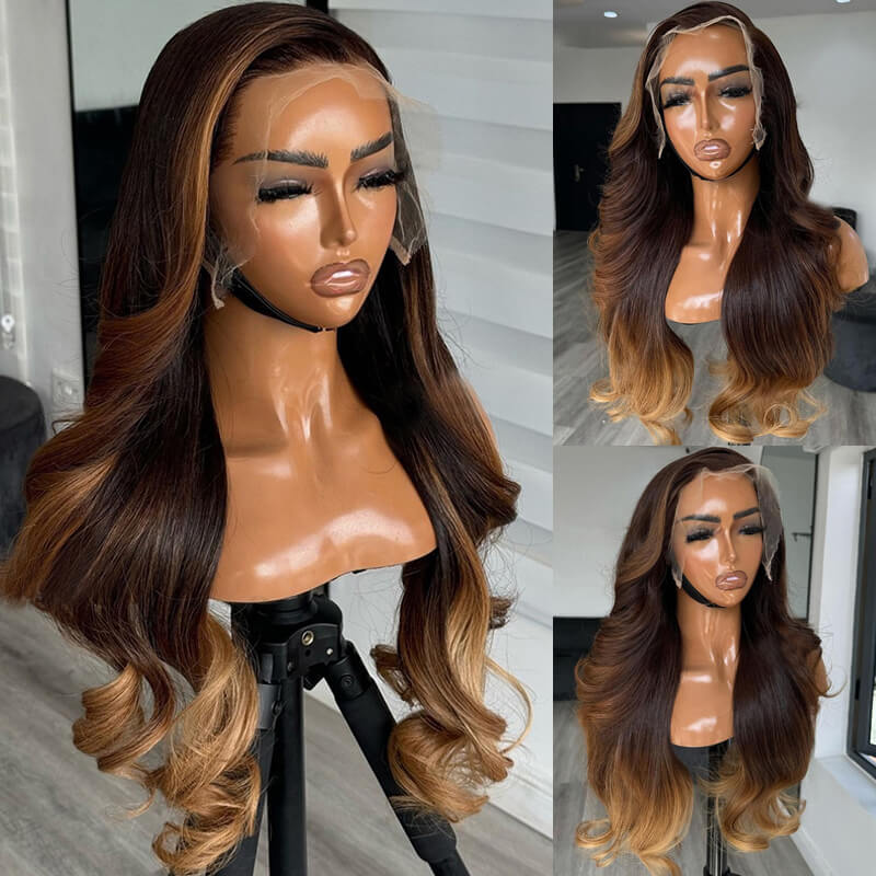 Eullair Skunk Stripe Brown with Honey Blonde Highlights Lace Front Human Hair Wig - Body Wave Curling Iron Styled Lace Wig for Black Women (EW013) - Perfect for Daily Wear, Parties & Special Occasions