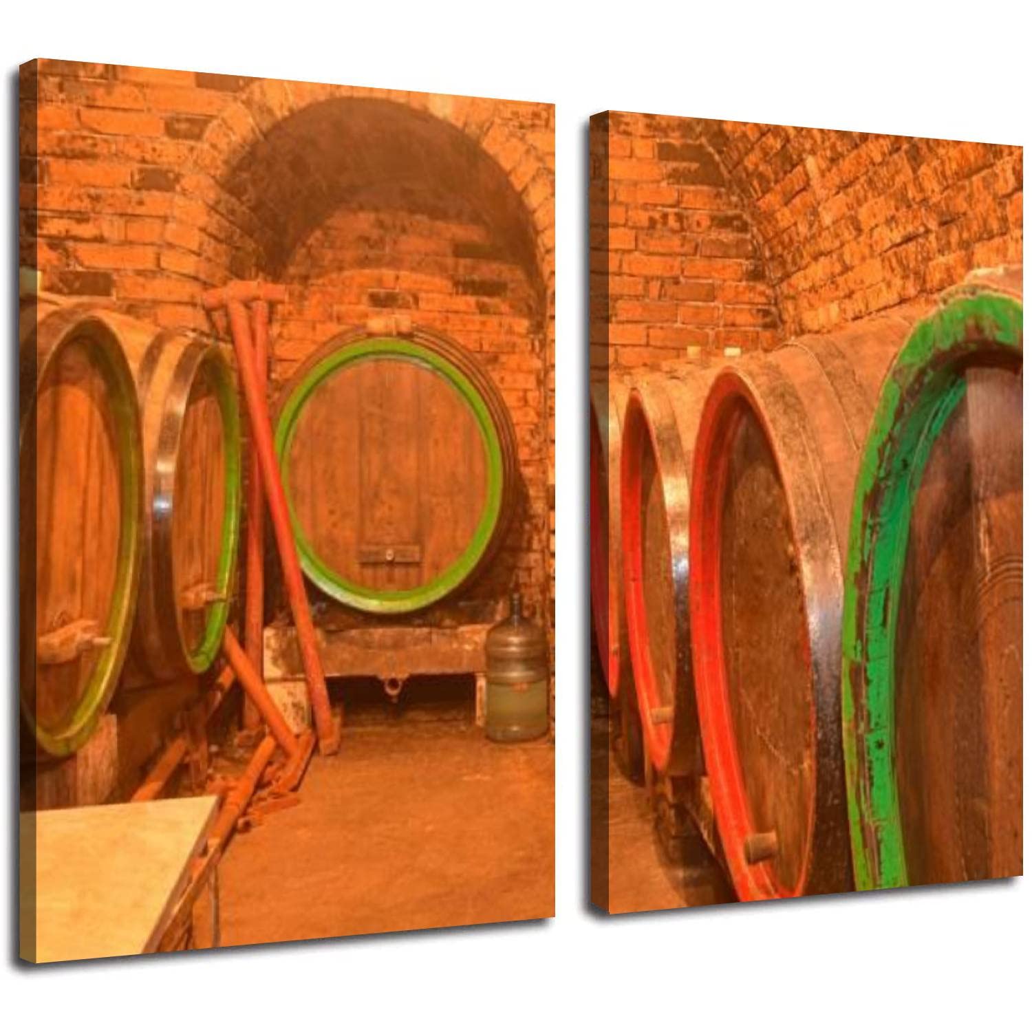 2 Panel Modern Canvas Wall Art - Vintage Wine Cellar with Bottles & Barrels Under Castle - Large 24