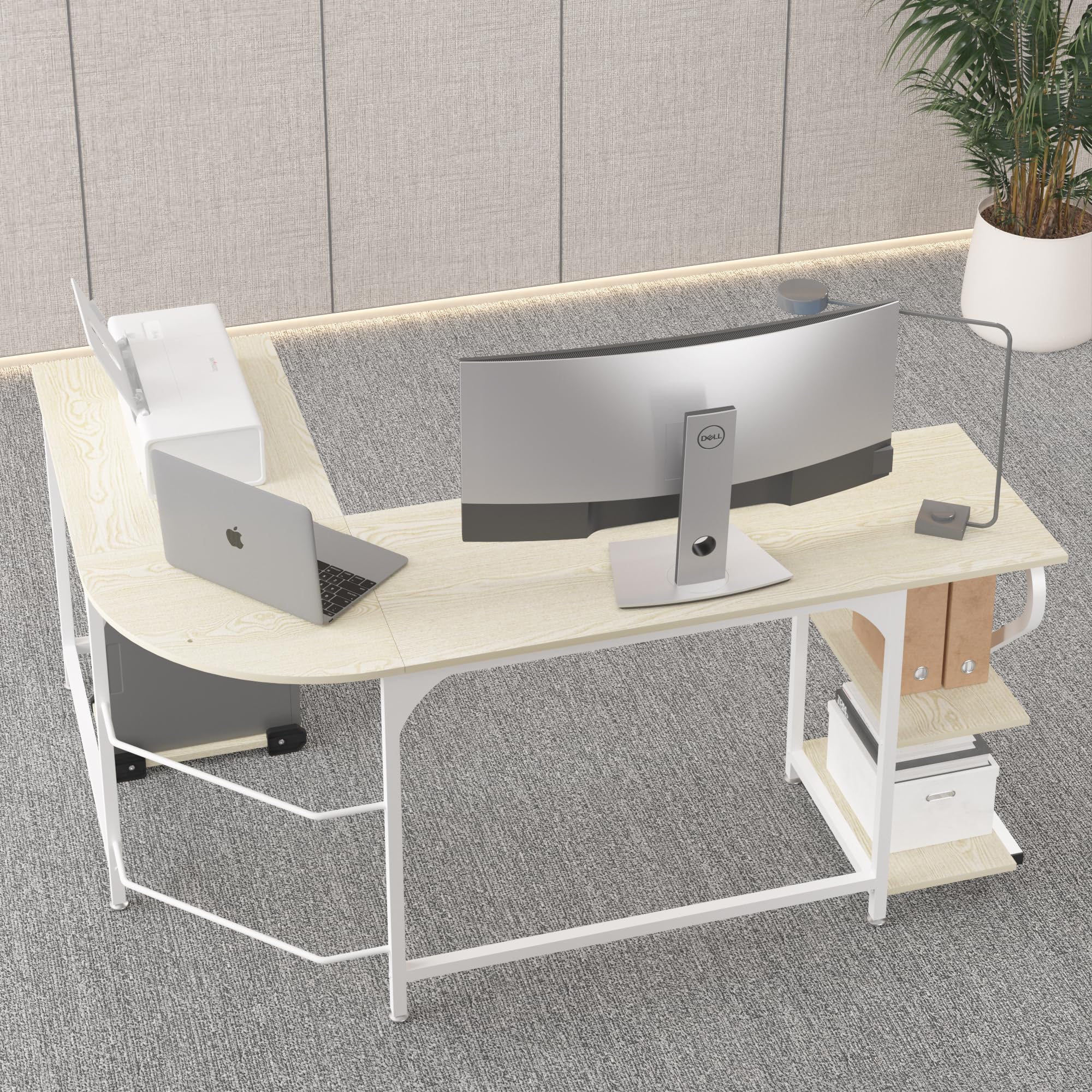 Weehom Reversible L-Shaped Computer Desk with Storage - Home Office Gaming Workstation, Corner Writing Table for Small Spaces, Beige - Perfect for Home Office, Gaming Setup & Study Spaces