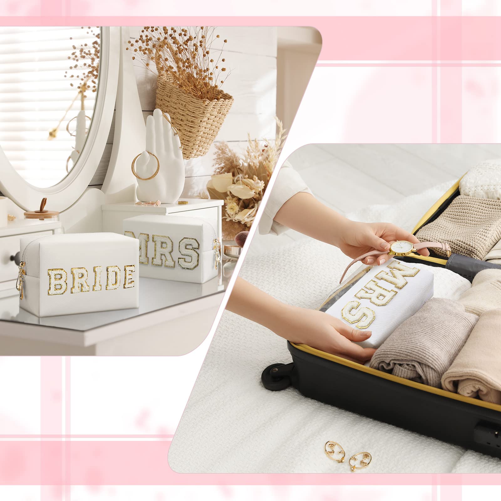 Pinkunn 2 Pcs Bride Makeup Bag Set - Mrs & Wifey Cosmetic Pouch, I Do Hubby Wedding Travel Toiletry Purse for Honeymoon, Bridal Shower Gift for Women & Girls (White, PU Leather) - Perfect for Wedding Parties & Bridal Organizer