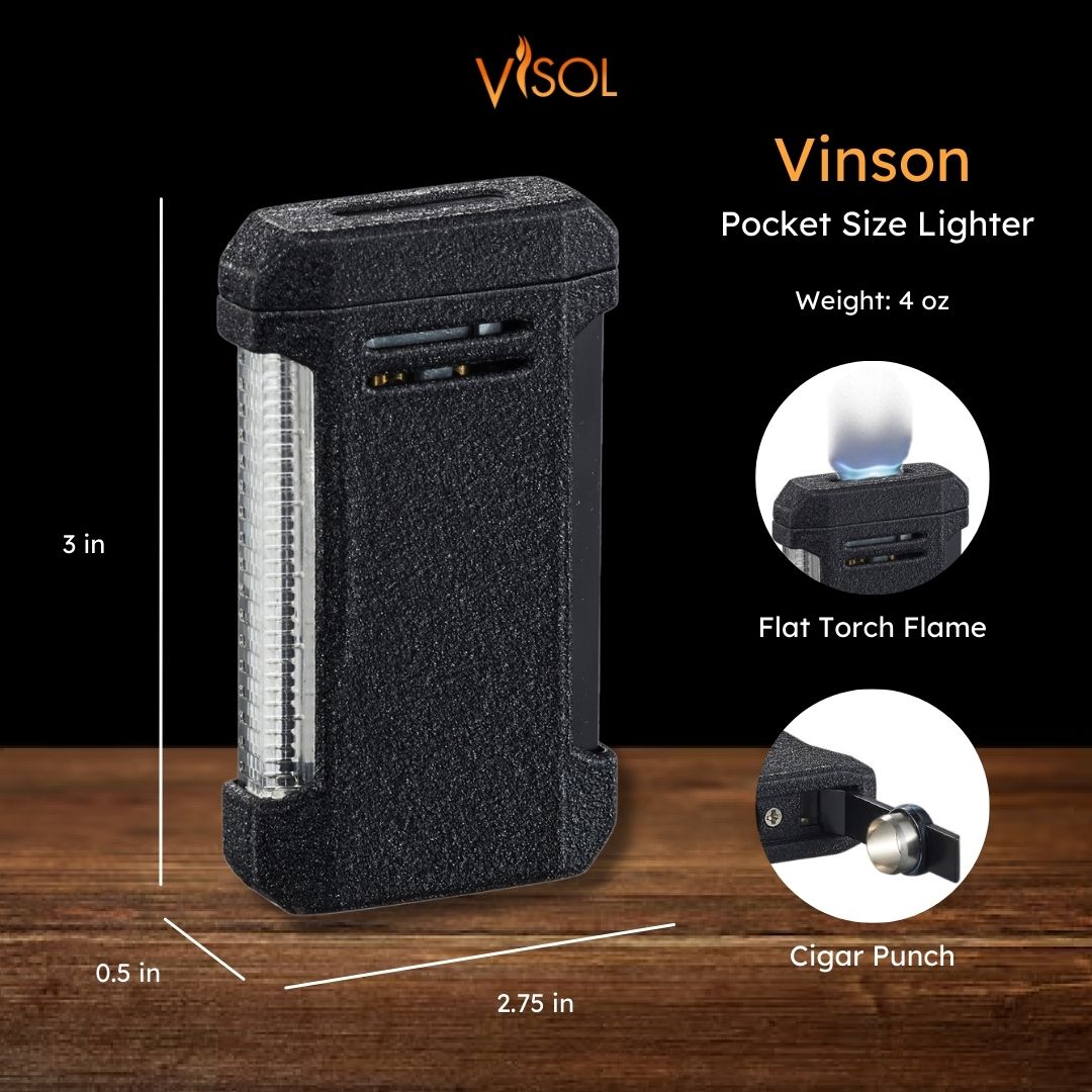 Visol Vinson Flat Torch Flame Lighter with Cigar Punch - Black | Windproof Butane Lighter for Cigars, Cigarettes & Outdoor Use | Perfect for Camping, BBQ & Survival Gear