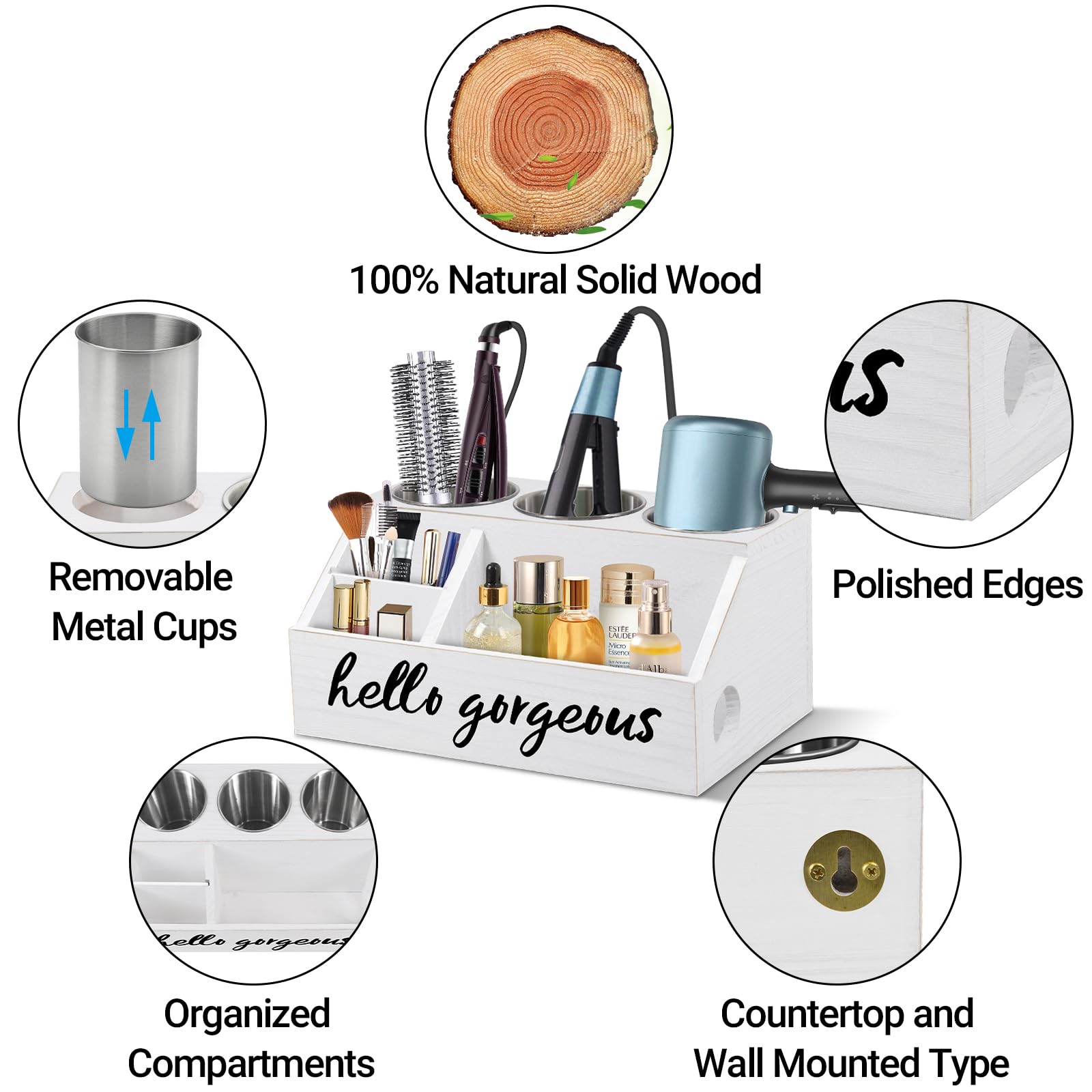 Anwelynd Wooden Hair Tools Organizer - Rustic Bathroom Countertop Storage Stand for Hair Dryer, Curling Iron & Straightener | Vanity Caddy for Styling Accessories | Perfect for Home, Salon & Spa Organization