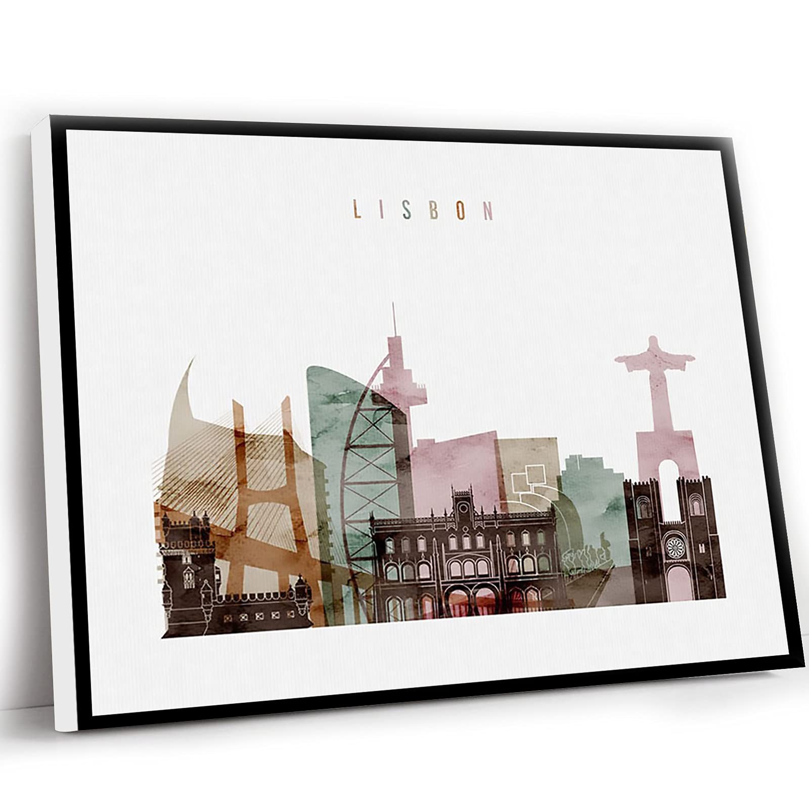 Aesthetic Room Decor for Kids Bedroom & Counseling Office - Lisbon Watercolor Art Print, Portugal Skyline Wall Art, Travel & Home Decor Gift (12x16 Inch Framed)