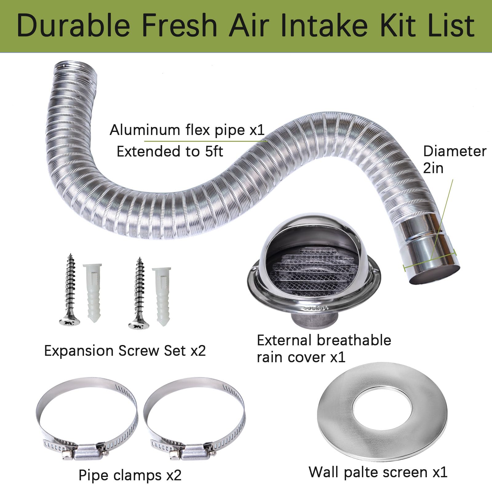 **High-Efficiency Pellet Stove Fresh Air Intake Kit - 2x60 Inch Extendable & Bendable Pipe with Weather-Resistant Stainless Steel Rain Cover - Perfect for Home Heating & Outdoor Use**