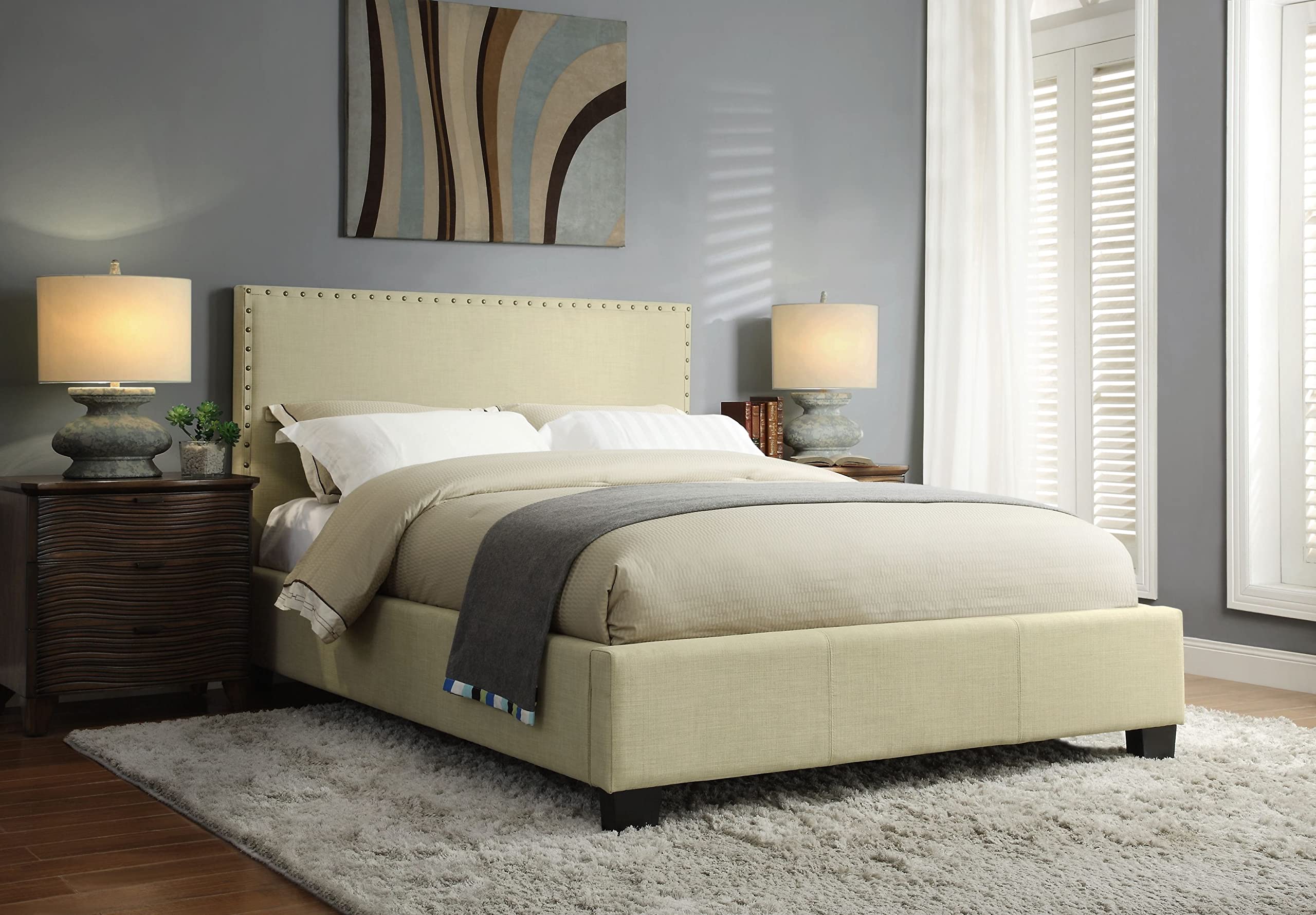 Modus Furniture Solid Wood Nailhead Platform King Bed Frame in Tumbleweed Finish | Rustic Bedroom Furniture for Master Suite & Guest Room
