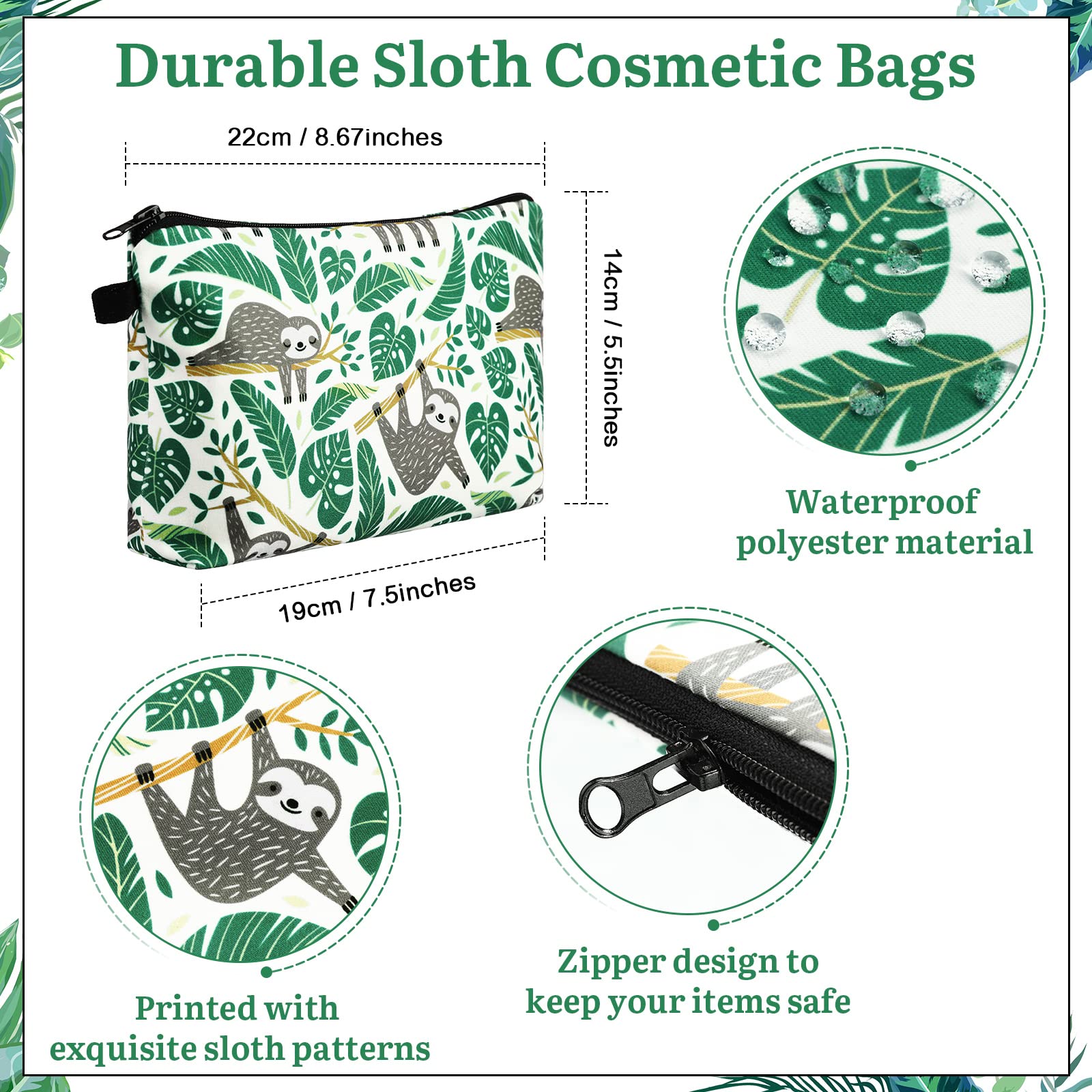 Sanwuta 12-Piece Waterproof Cosmetic Makeup Bag Set - Printed Roomy Toiletry Organizer with Zipper for Women (Sloth Design) - Perfect for Travel, Gym & Daily Beauty Storage