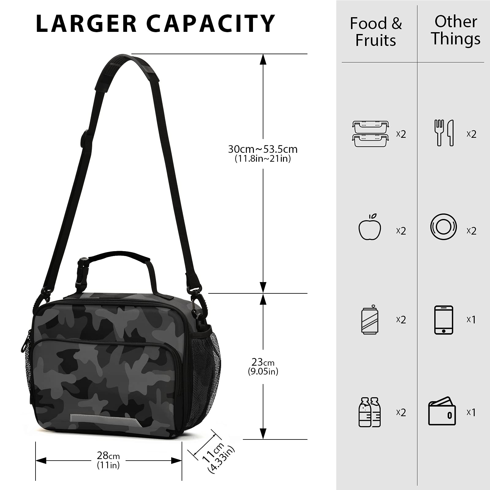 Xigua Insulated Lunch Bag with Detachable Shoulder Strap - Dark Black Monochrome Camo Cooler Tote for School, Office, Picnic & Travel | Leakproof Food Container for Men & Women | Perfect for Work Lunch, Beach Trips & Outdoor Activities