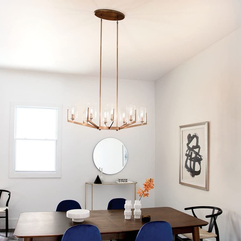 8-Light Modern Square Tube Chandelier with Clear Glass Shades - Brushed Natural Brass Finish - Perfect for Dining Room, Living Room or Bedroom Lighting