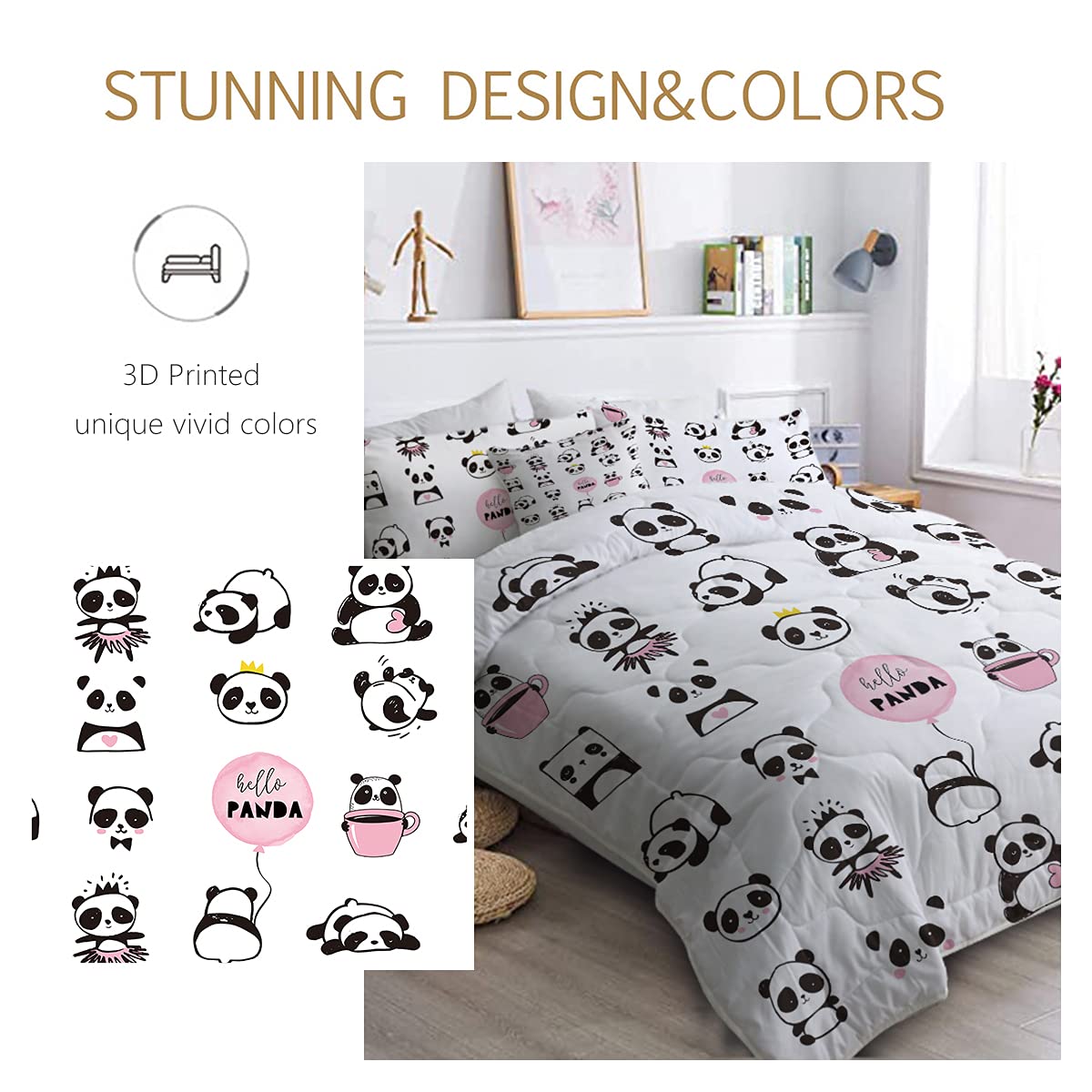 BlessLiving Panda Bear Bedding Set Queen Size - 8 Piece Cute Black White Pink Bed Set with Comforter, Pillow Shams, Sheets & Cushion Cover | Soft Kids Bedroom Decor for Boys & Girls | Perfect for Cozy Sleepovers, Nursery Rooms & Teen Bedrooms