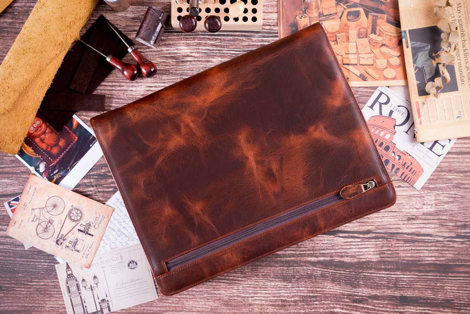 Premium Genuine Leather Professional Business Portfolio Padfolio with Zipper for Men - Executive Organizer for Meetings, Travel & Office - Includes Notepad - Perfect Graduation Gift & Corporate Present (Oil Wax Finish)