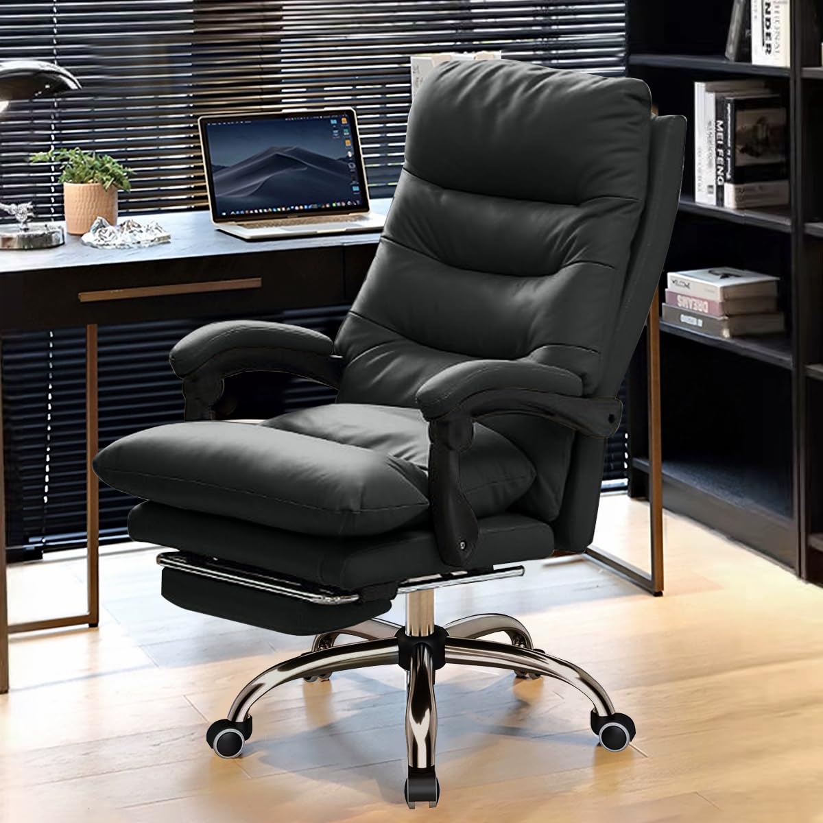 Ergonomic High Back Executive Office Chair with Footrest - Reclining Leather Gaming & Computer Desk Chair for Home & Office - Black - Perfect for Long Work Hours, Gaming, and Remote Work