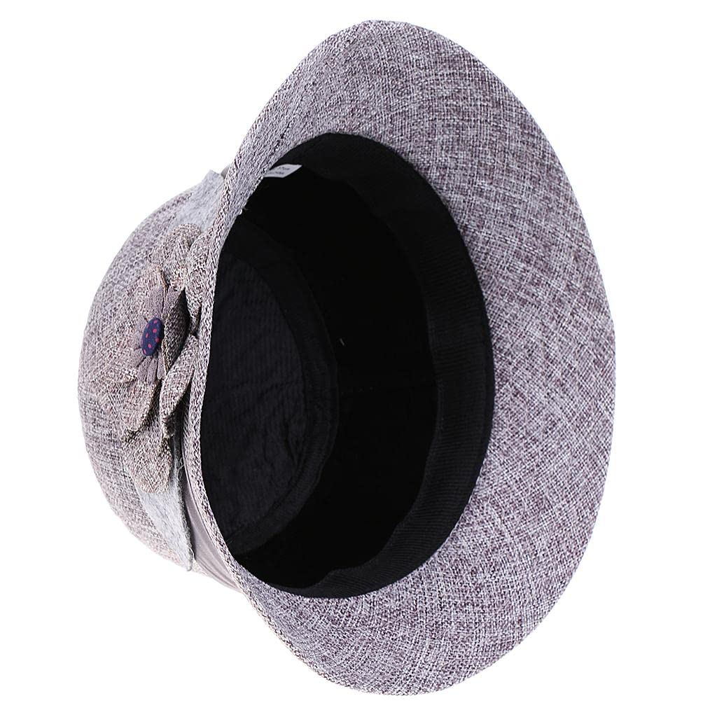 Women's Fashion Cloche Bucket Hat with Floral Accent - Gray Fedora Style Sun Hat for Outdoor, Beach, and Summer Activities