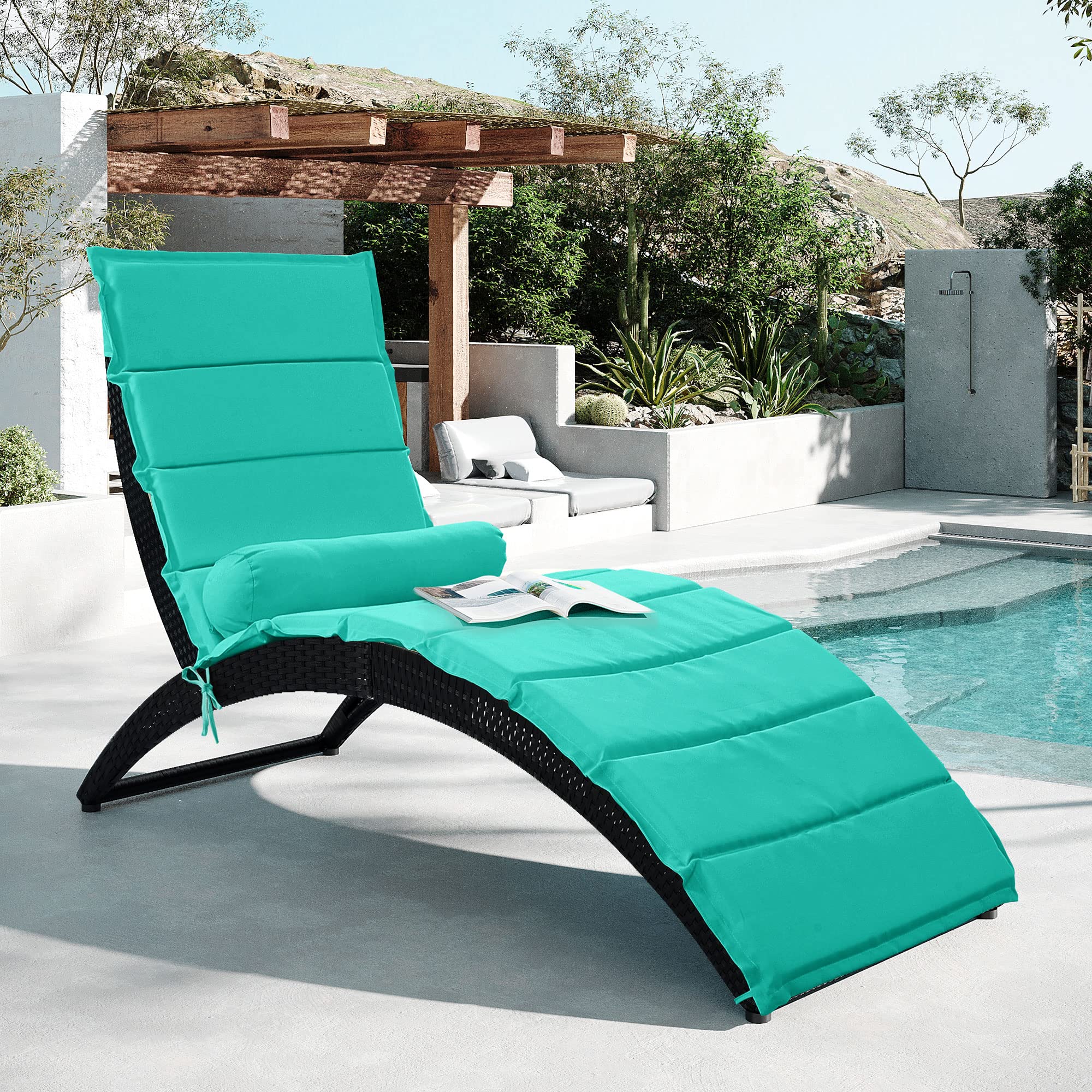 Merax Outdoor Patio Chaise Lounge Chair - Foldable Rattan Sun Lounger with Cushions & Bolster Pillow, PE Wicker Poolside Chaise for Garden, Backyard, Beach (Blue Single Chaise) | Perfect for Relaxing by the Pool, Sunbathing in Your Yard, or Lounging on the Beach