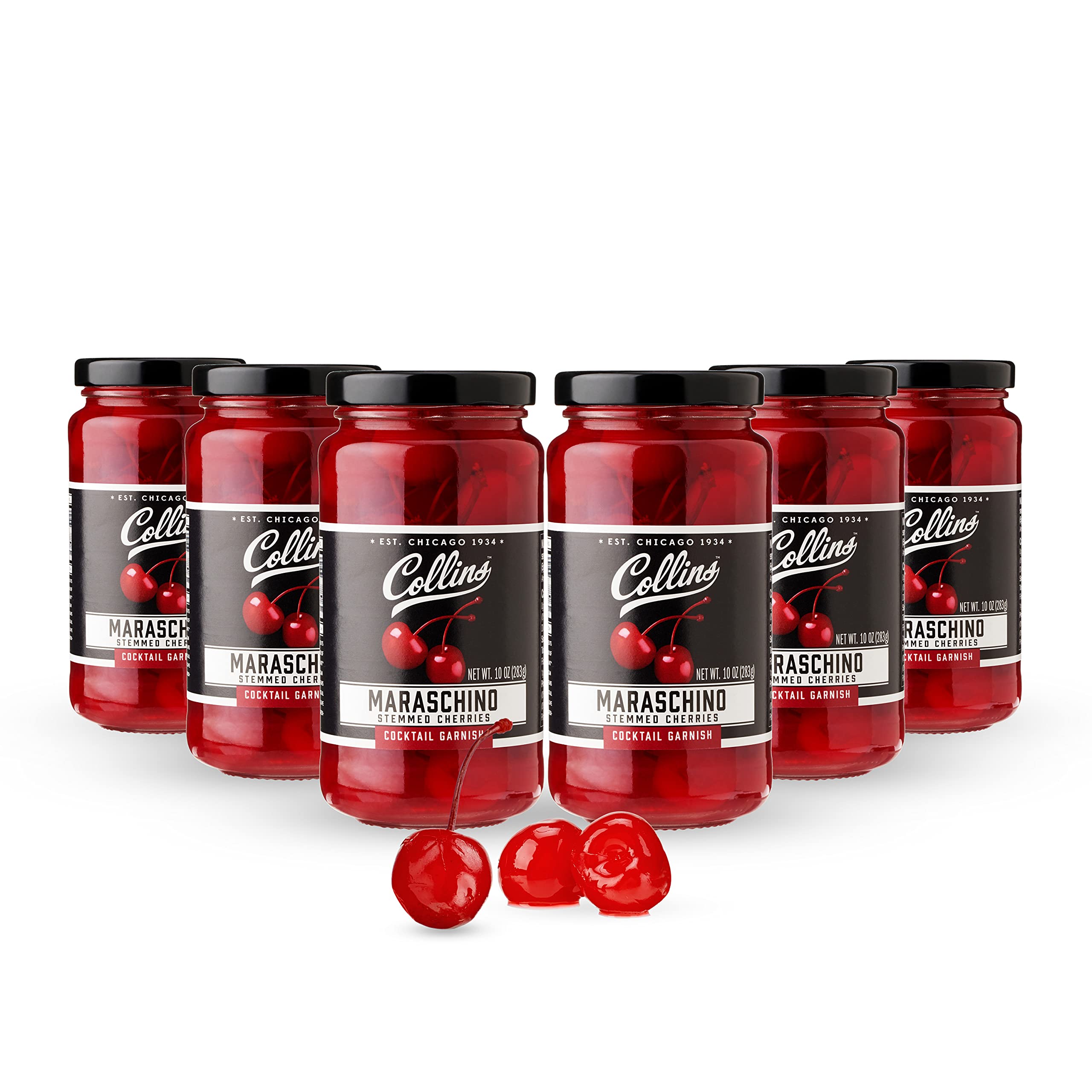 Collins 10 oz Cocktail Cherries with Stems - Premium Black Garnish for Martinis, Old Fashioned & Desserts - 10 Ounce Jar
