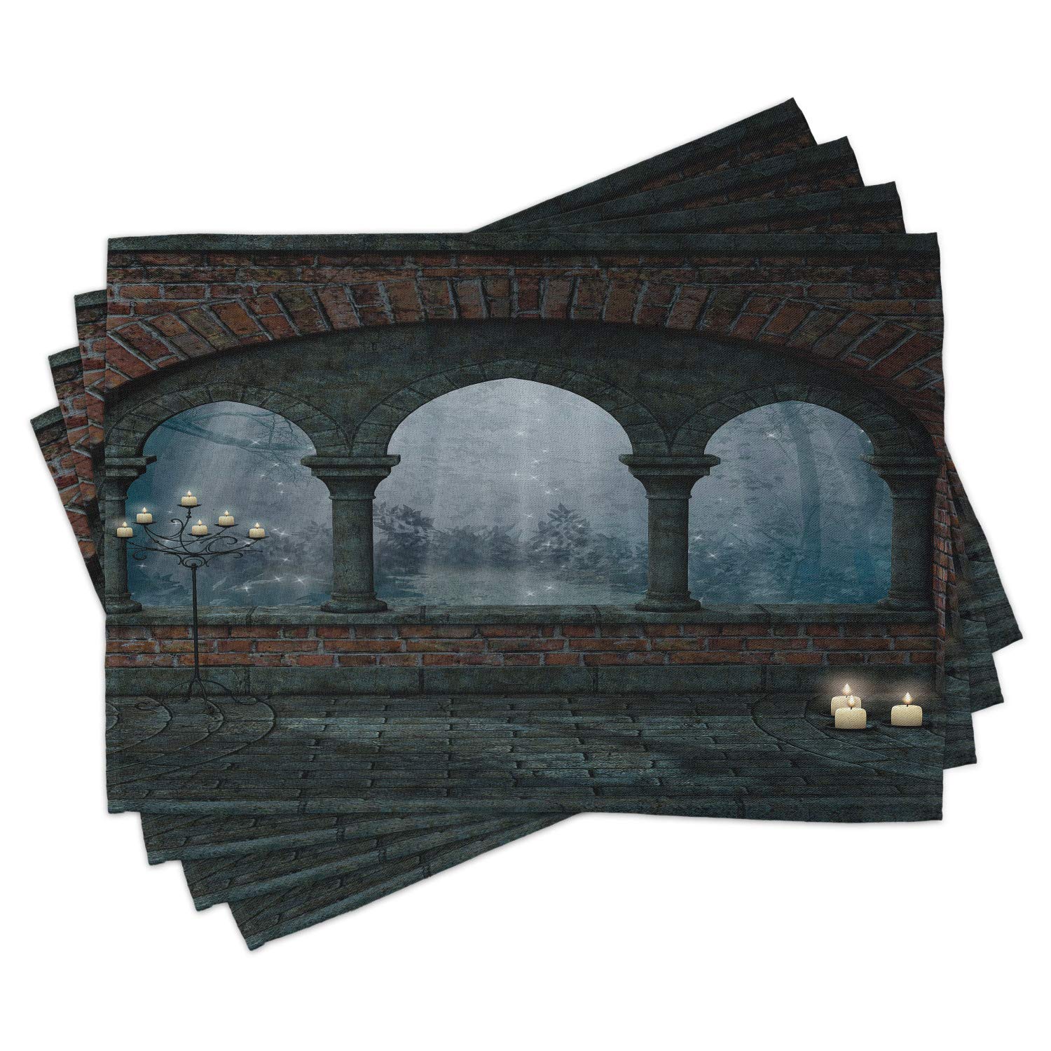 Ambesonne Gothic Placemats Set of 4 - Medieval Castle at Night with Old Arch & Candles, Middle Age Misty Design, Washable Fabric for Dining Room & Kitchen Table Decor in Blue Grey & Red | Perfect for Halloween, Gothic Themed Dinners & Medieval Decor
