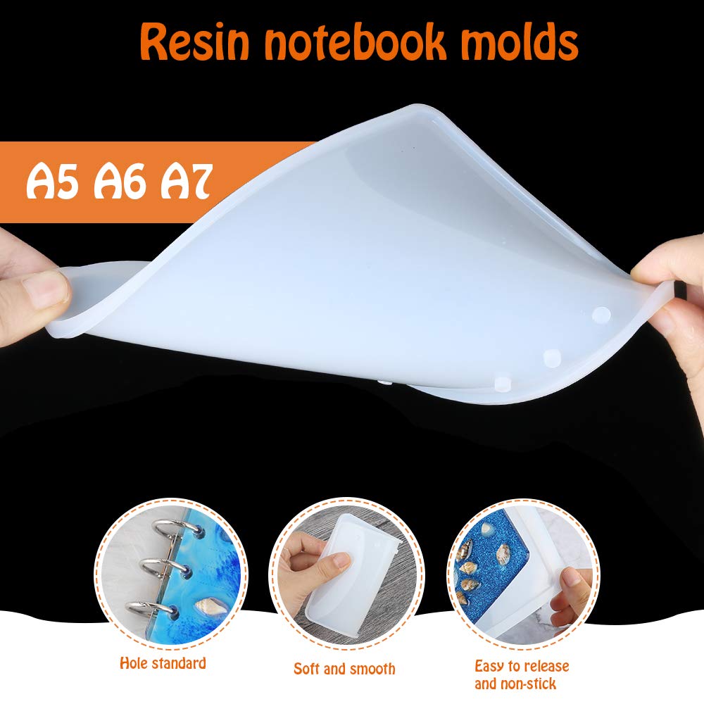 LEOBRO 3Pcs A5 A6 A7 Notebook Cover Silicone Molds for Resin Crafts - DIY Epoxy UV Resin Notebook Covers with Book Binder Rings - Perfect for Scrapbooking, Journaling, and Handmade Gift Making