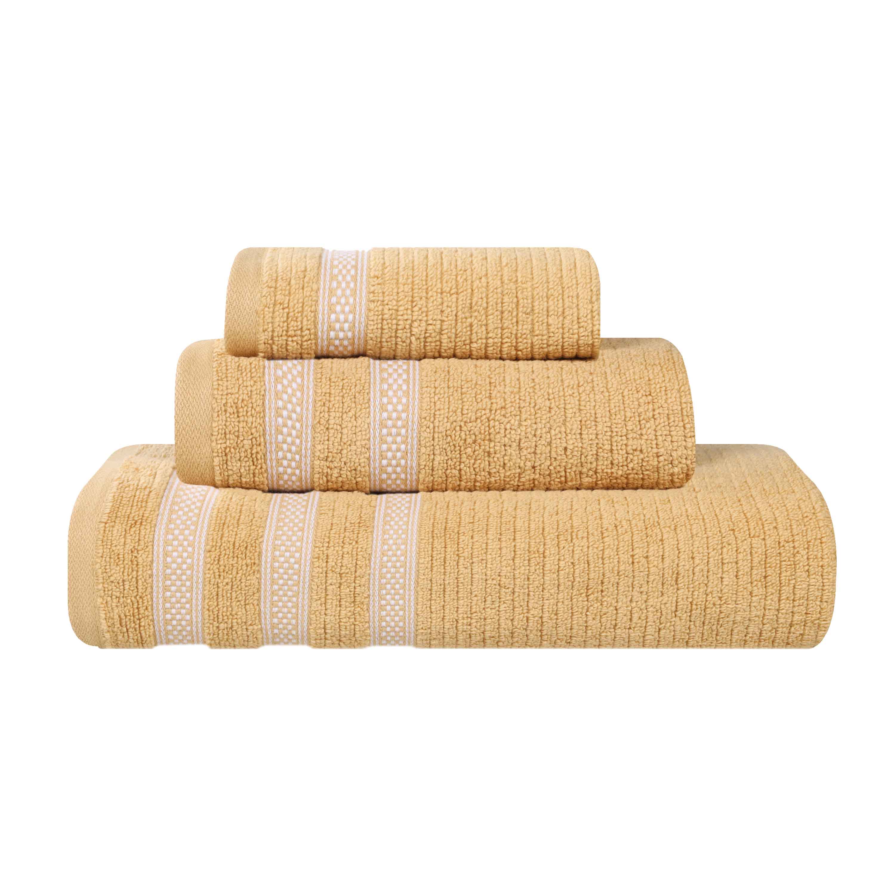 Premium Zero Twist Cotton Ribbed Geometric Border Plush 3-Piece Bath Towel Set - Ultra Soft & Absorbent for Spa, Bathroom & Luxury Home Use