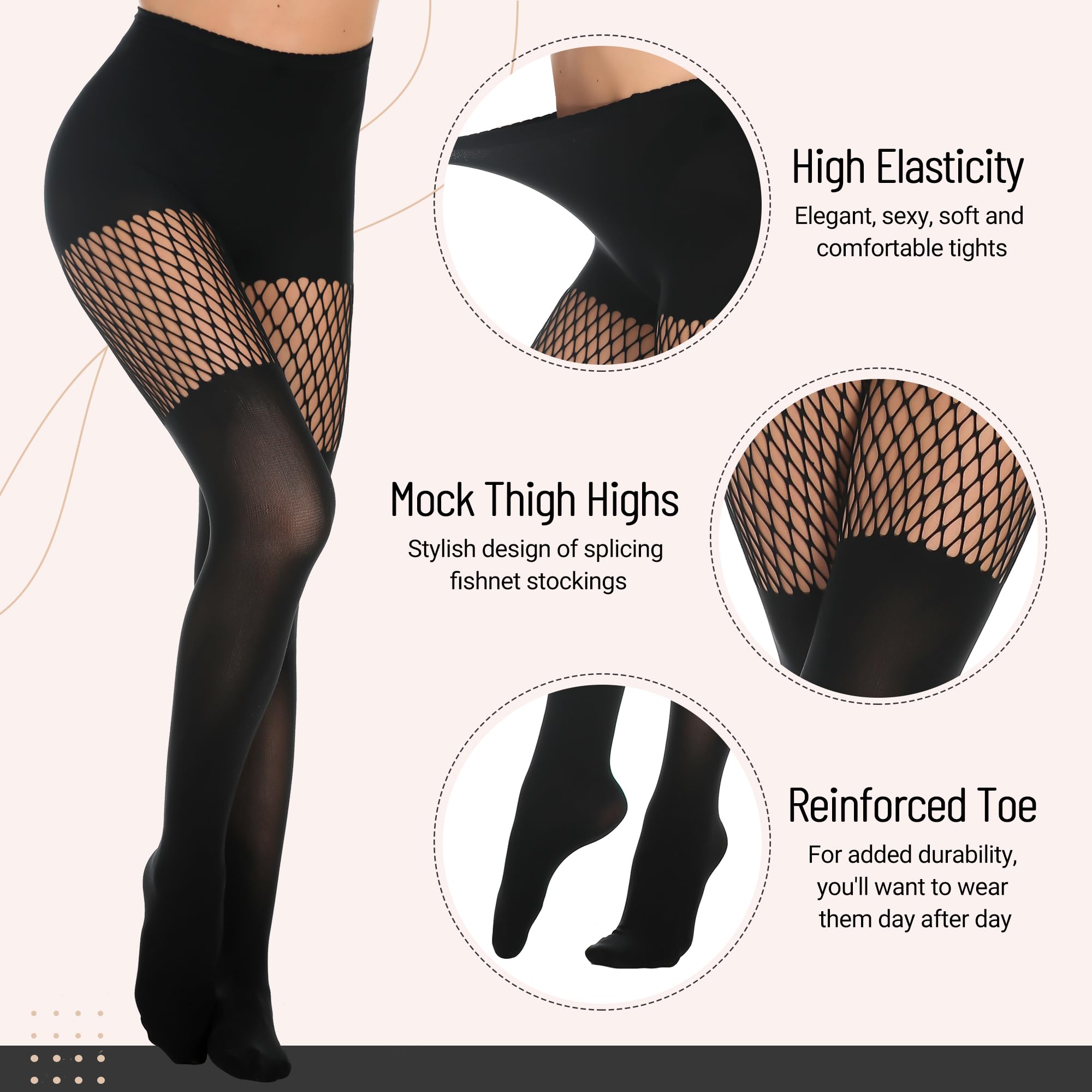 MANZI Women's Faux Thigh High Fishnet Stockings - Opaque Pantyhose with Striped Suspender Tights for Gothic Fashion, Cosplay & Night Out Outfits