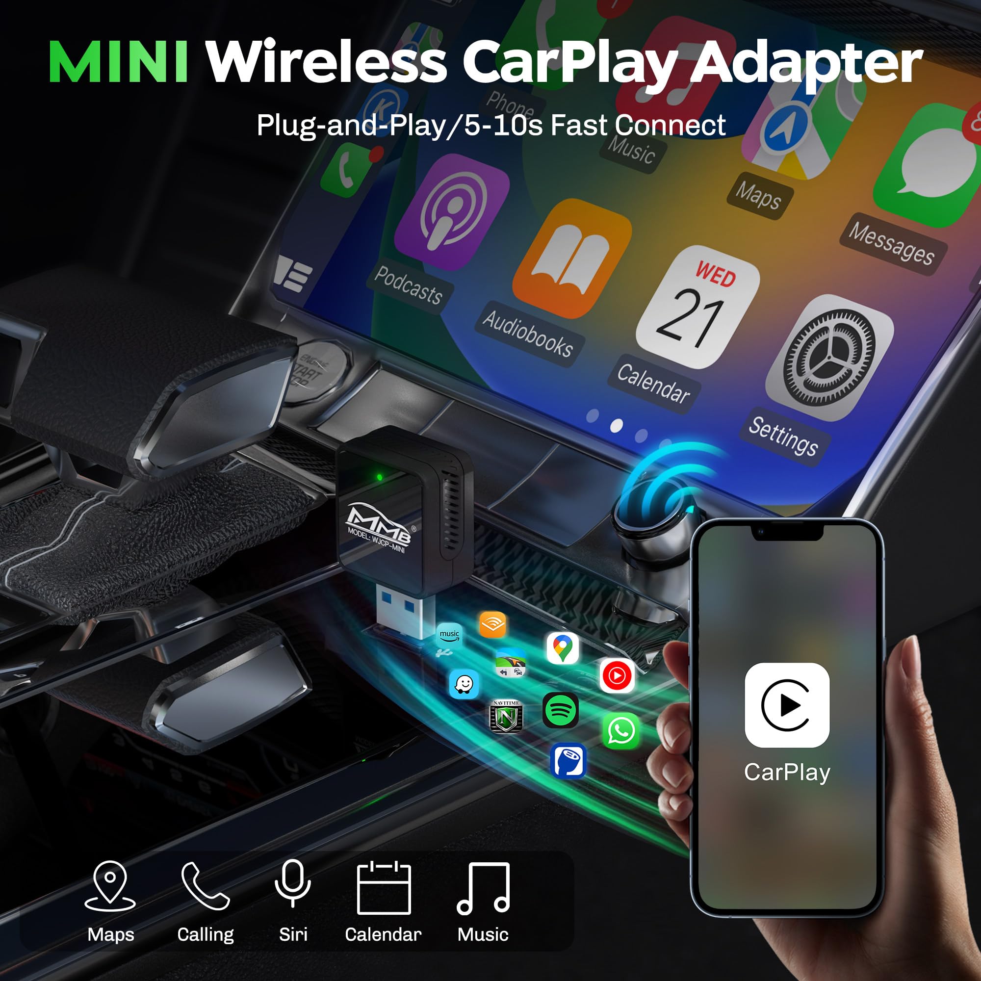 MMB Mini Wireless CarPlay Adapter 2025 - Fastest Plug & Play CarPlay Wireless Dongle for iPhone - Convert OEM Wired CarPlay to Wireless - Compatible with 2017+ Car Models - Perfect for Commuting, Road Trips & Hands-Free Driving