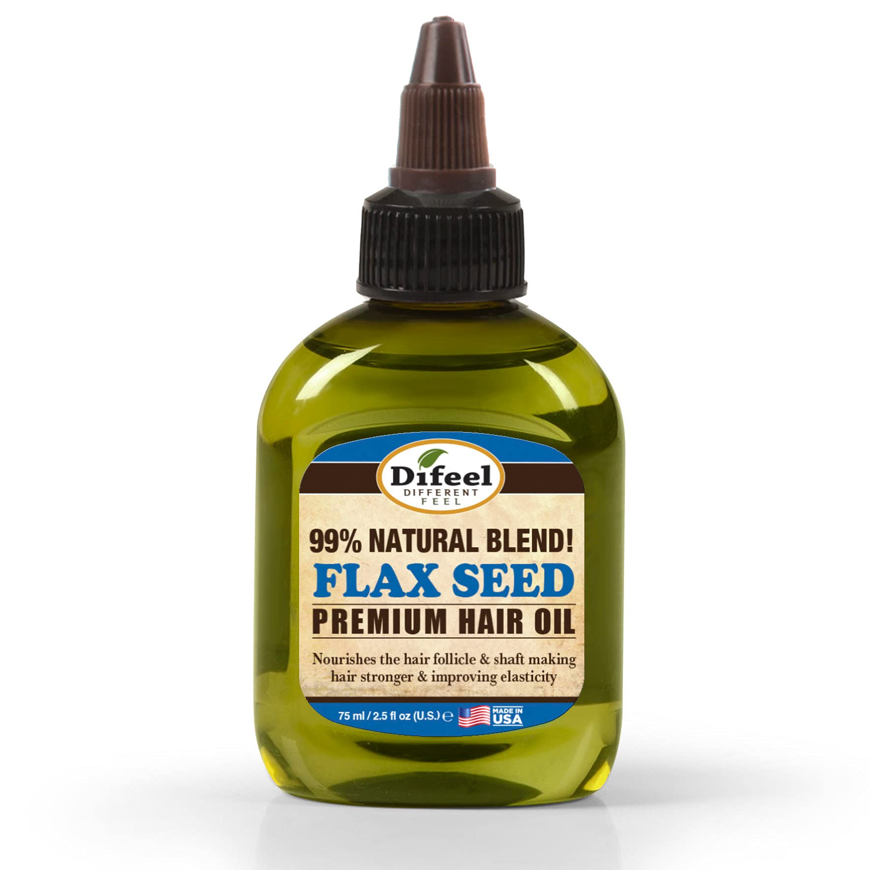 Difeel Premium Natural Flax Seed Hair Oil 75ml - Strengthening & Moisturizing Treatment for Dry, Damaged Hair - Perfect for Daily Hair Care & Scalp Massage