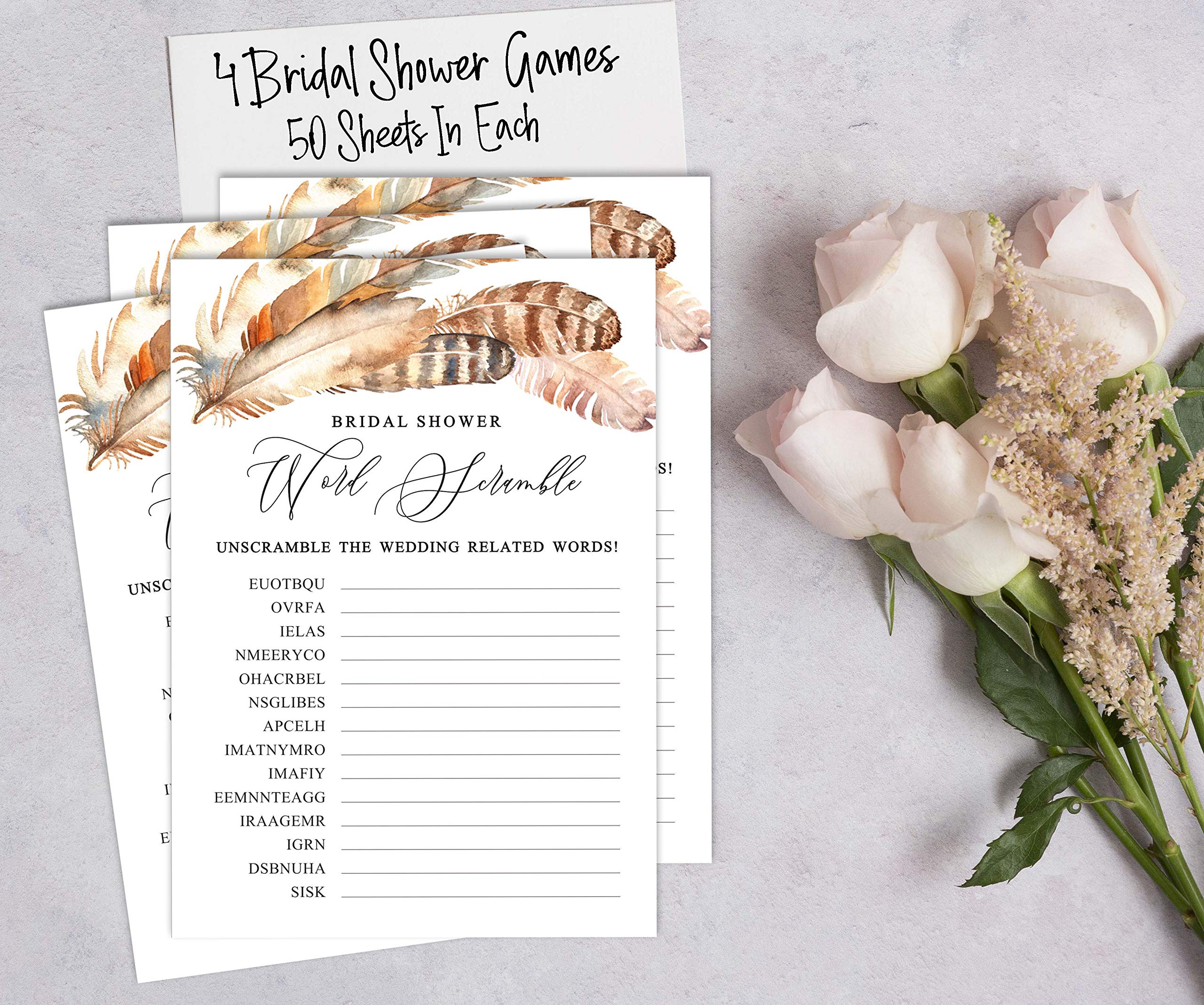 Bridal Shower Games Set of 4 (50 Sheets Each) - Fun Bachelorette Party Games Bundle with Feathers - Perfect for Wedding Showers, Girls' Night & Bachelorette Parties