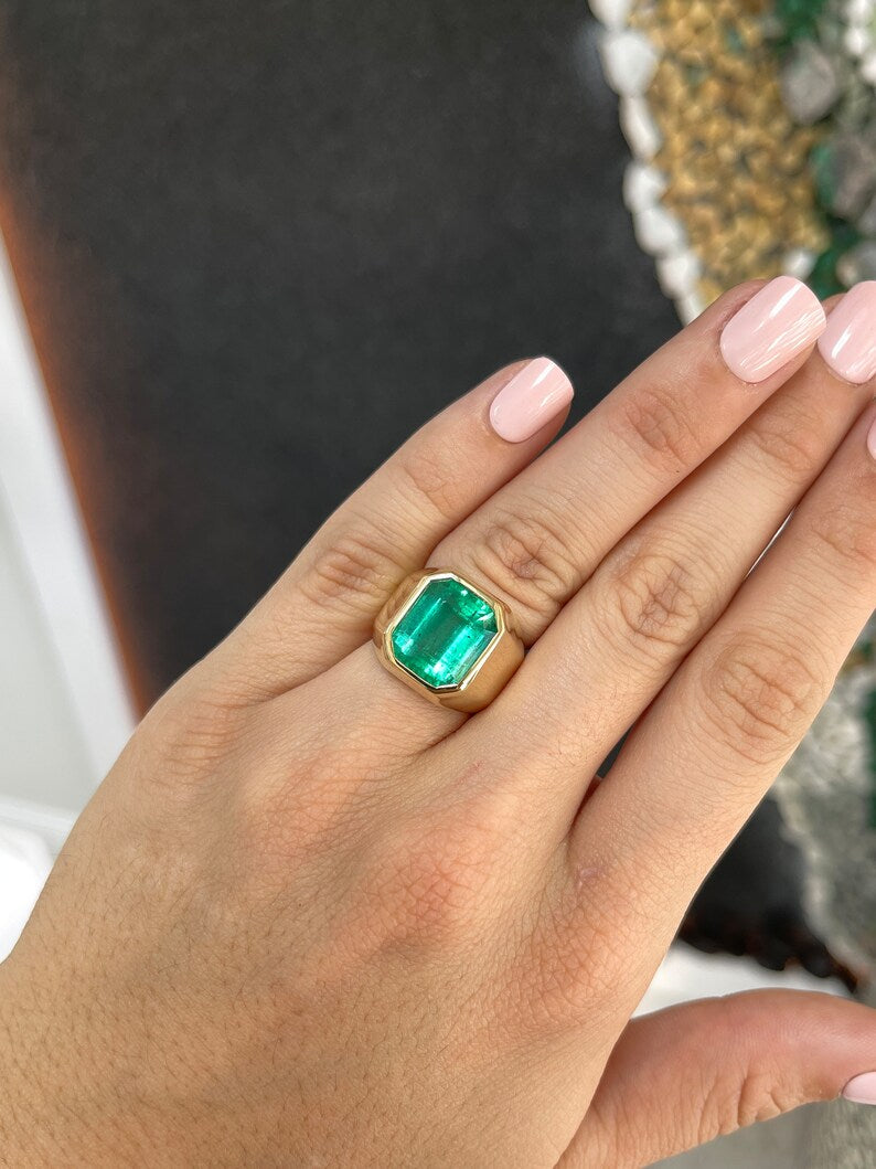 8.51ct 18K Gold AAA Top Quality Huge Bezel Set Men's Emerald Solitaire Signet Pinky Ring - Perfect for Wedding Bands, Anniversary Gifts & Luxury Jewelry Collection